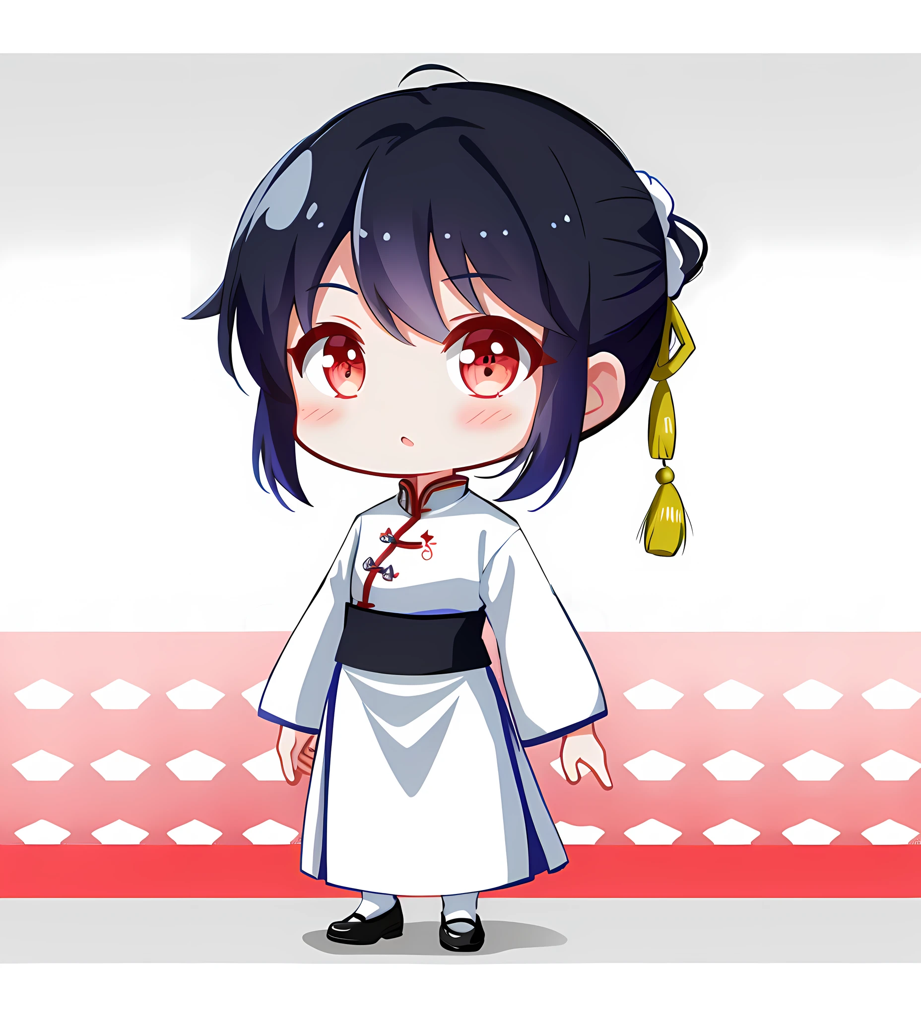 Masterpiece, Superb Style, Chinese Style, 1 Woman, Chibi, Cloth Shoes, White Background, Standing, Sideways, Ancient Chinese Clothing, Uniform, Various Colors, Embroidery Pattern