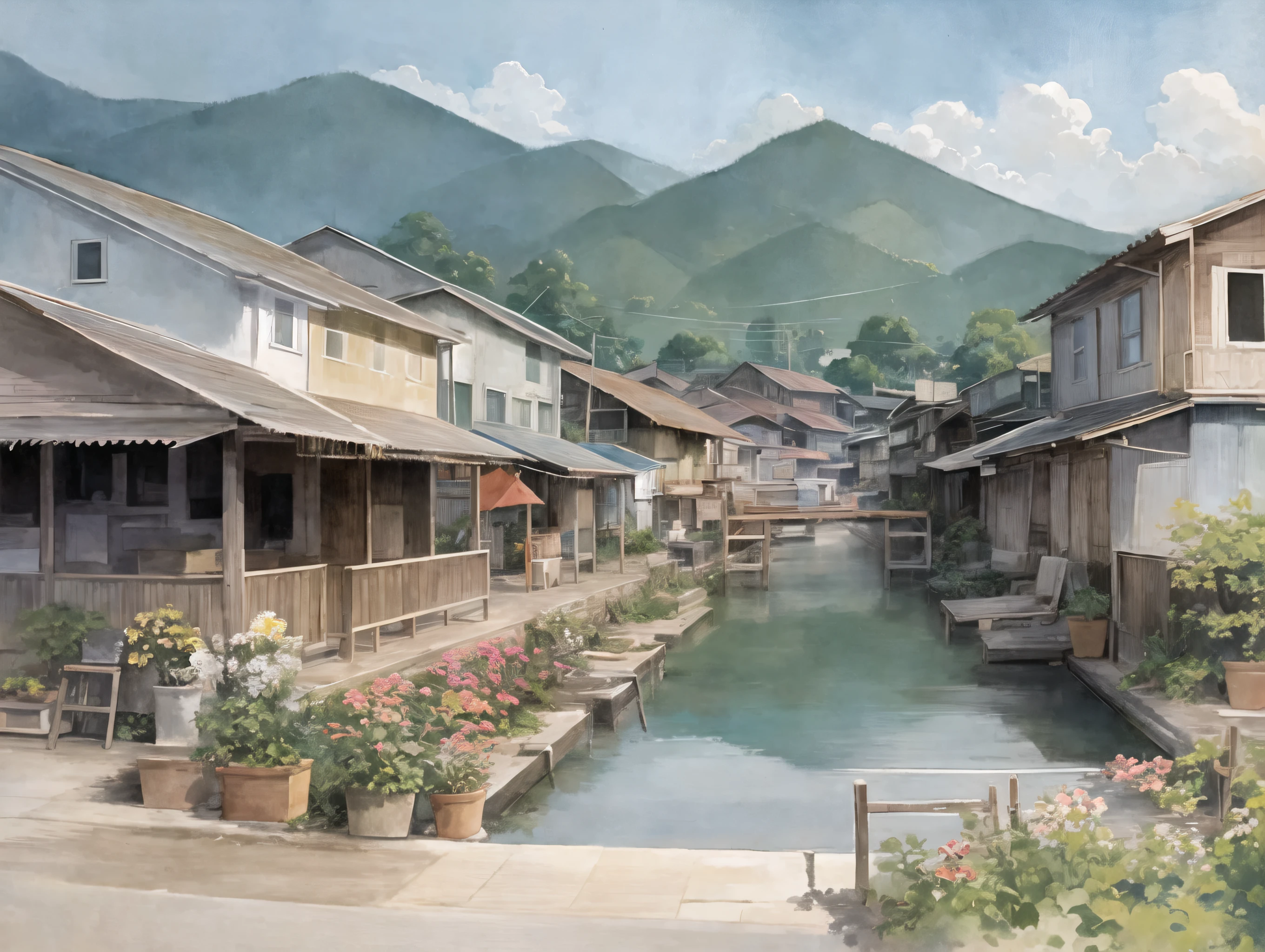 Delicate watercolour illustration of a cozy smalltown in viet nam, cozy, beautiful composition, summer afternoon colour scheme, sharp details, intricate details