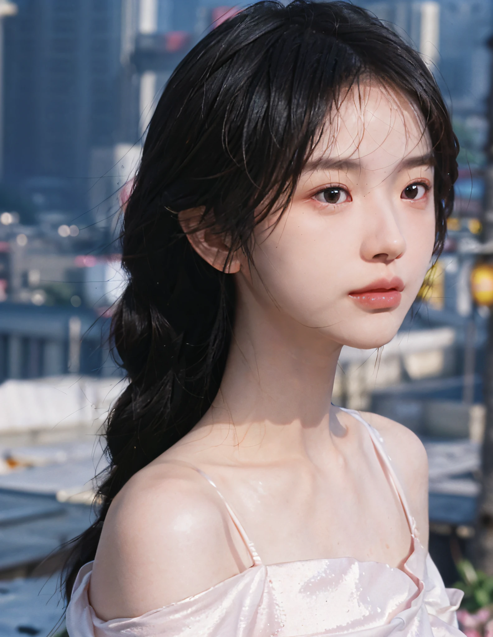 8k, RAW Photo, Best Quality, Masterpiece, High Detail RAW Color Photo, Professional Photo, (Realistic, Photorealistic Photorealism: 1.37), (High Detail Skin: 1.2), High Resolution, Beautiful Detailed Eyes, (Hard Focus: 1.4), (Clear Focus: 1.4), Realistic, (8K UHD: 1.2), Realistic High Quality Shadows, Split Lips, Slender Face, (Wavy Hair), Half Top Knot, Crown Braid, Pink Eye Color, Suggestive Look, (Extreme Facial Close-up) , pov, ((((depth of field)), pale and shiny skin, cropped draped neck dress, 30 years old, buruma, rooftop, bokeh, lens flare, (vignetting: 0.8), dramatic lighting, cinematic lighting, backlighting, professional lighting, physically based rendering, ulzzang-6500-v1.1, pureerosface_v1.
