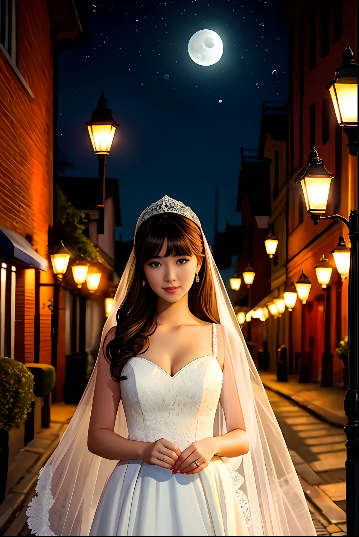 Beautiful girl looking at camera, real girl, realistic face,white lace gown,street lamps,moon,