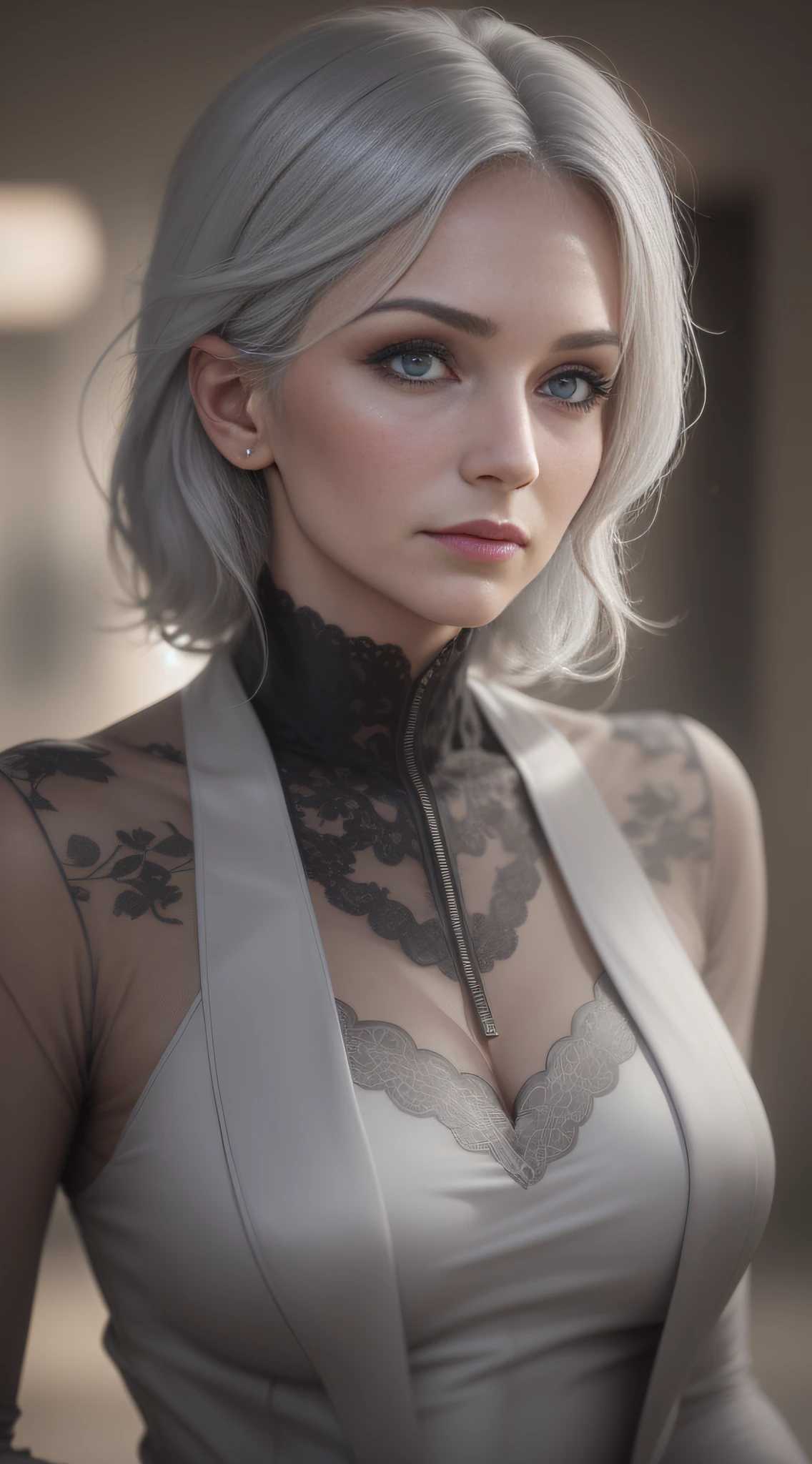 photograph of a gray-haired woman in an elegant business suit, wide frame photography, photoshoot style, exquisite, detailed, dramatic, high-end, real world, (hard focus, 8k), (((natural skin texture))), 8k textures, soft cinematic light, dome lighting, darkroom, hdr, sophisticated, elegant, highly detailed, sharp focus, (((cinematic view))), soothing tones, insane details, high detail, low contrast, soft cinematic light, dull colors, exposure blending, HDR, fading , 35mm, f/1.4, ISO64, f16, 25 sec.