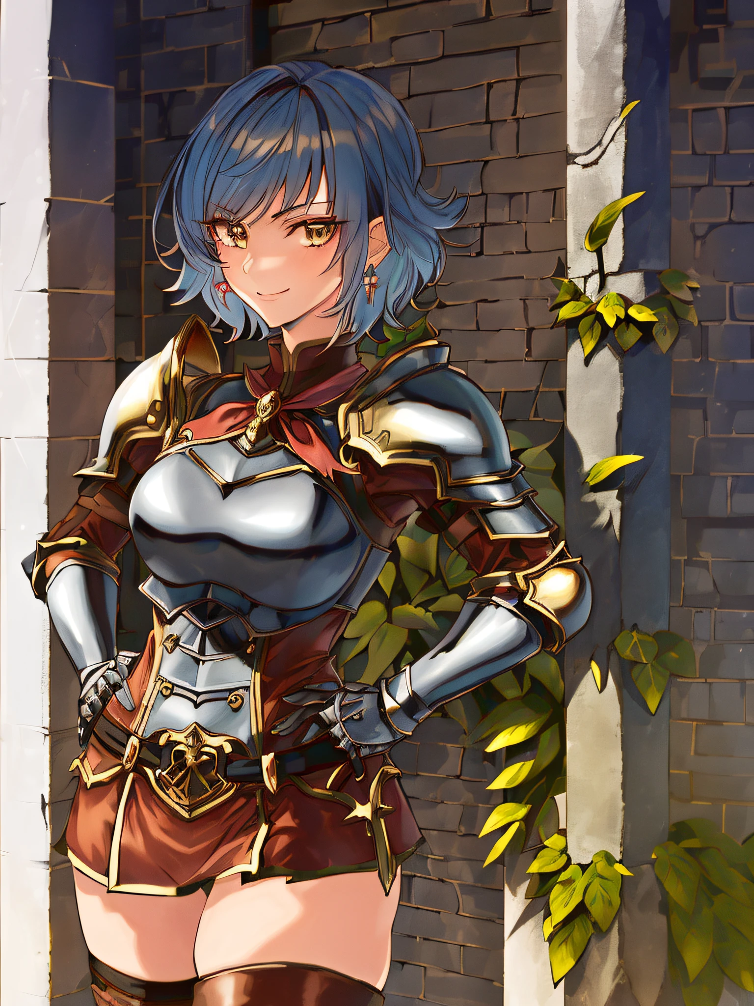 Masterpiece, Ultra detailed, great composition, fantasy, high quality, intricate details, beautiful detailed eyes, (Anime Style), ray tracing, perfect anatomy, {{chromatic aberration}}, absurdres, (Ragnarok Online), {{chivalry aesthetic}}, (gothic architecture), outdoors, (knight chivalry), detailed hair, textile shading, dynamic light, dynamic angle, {{Extremely detailed eyes}}, (seductive smile), (hands on hips), ((((solo)))), short hair, ((blue hair)), ((tan)), (((detailed boobplate))), breastplate, pauldrons, cross, red cape, gauntlets, spiked gauntlets, black belt, pink skirt, (((miniskirt))), ((black legwear)), kneehighs, ((armored boots)), (((amber brown eyes))), (((((27 years old))))), lightly toned, (handsome woman), (zettai ryouiki), knight, dame