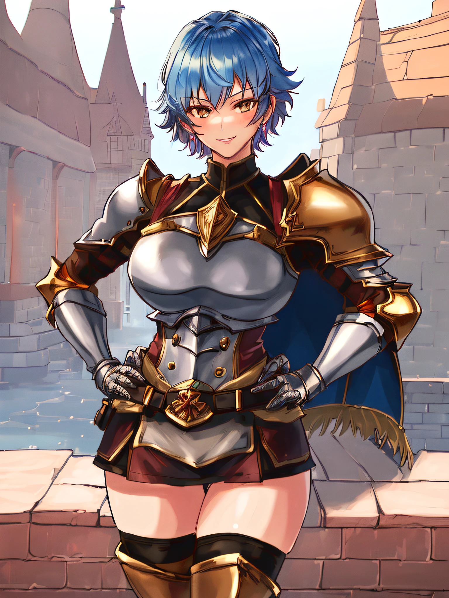 Masterpiece, Ultra detailed, great composition, fantasy, high quality, intricate details, beautiful detailed eyes, (Anime Style), ray tracing, perfect anatomy, {{chromatic aberration}}, absurdres, (Ragnarok Online), {{chivalry aesthetic}}, (gothic architecture), outdoors, (knight chivalry), detailed hair, textile shading, dynamic light, dynamic angle, {{Extremely detailed eyes}}, (seductive smile), (hands on hips), ((((solo)))), short hair, ((blue hair)), ((tan)), (((detailed boobplate))), breastplate, pauldrons, cross, red cape, gauntlets, spiked gauntlets, black belt, pink skirt, (((miniskirt))), ((black legwear)), kneehighs, ((armored boots)), (((amber brown eyes))), (((((27 years old))))), lightly toned, (handsome woman), (zettai ryouiki), knight, dame
