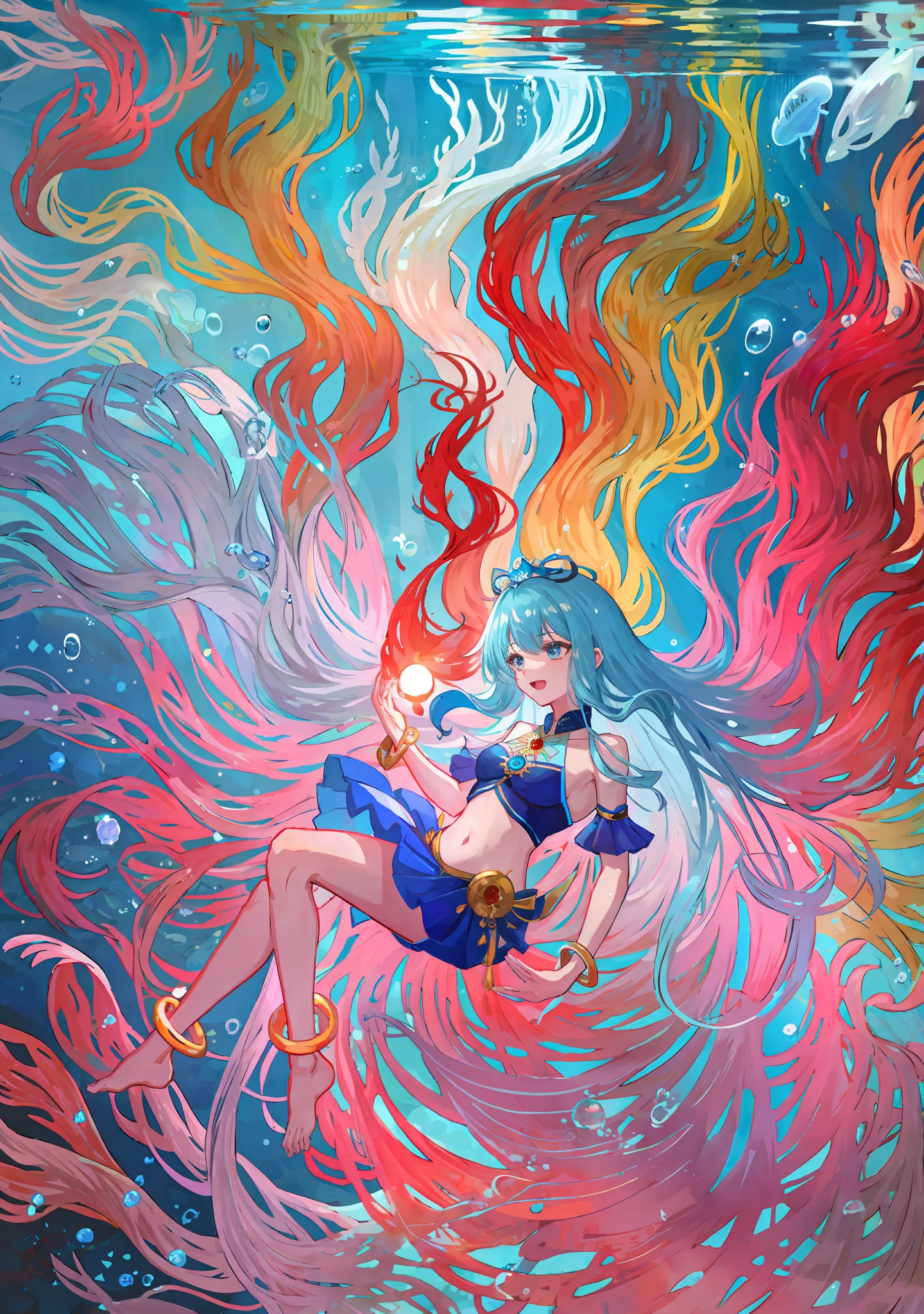 Ocean, leaky navel outfit, blue, delicate facial features, girl, open mouth, bracelet, levitating glowing ball, colorful underwater world, bubbles, highlight, complete hands, benthic animals, long hair, skirt, redemption, abyss, coral, gong chijun illustration style, masterpiece, super detail, high quality, high detail, best quality