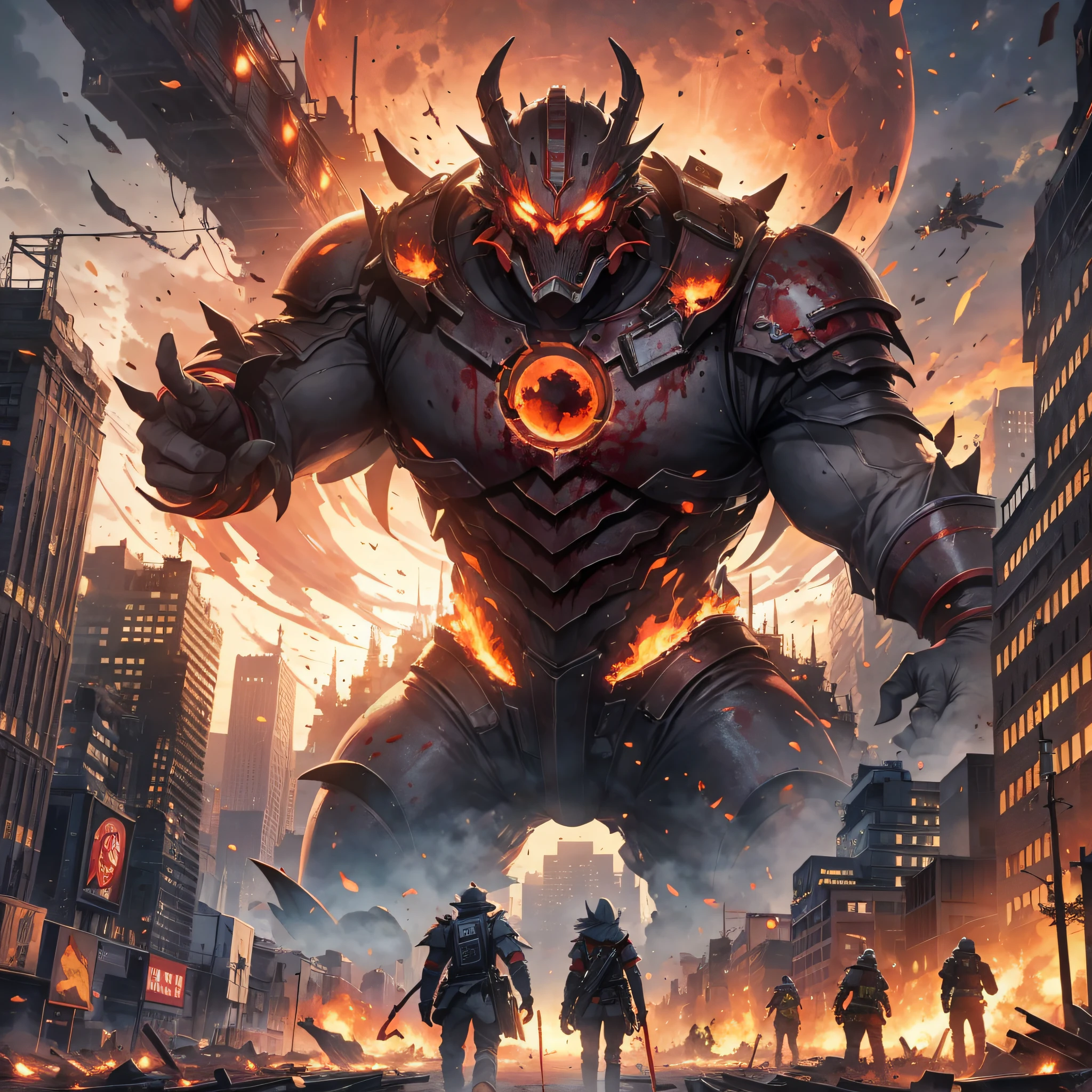 Blood moon, city, huge monsters in the destruction of city tall buildings, fighter bombardment monsters, fire, explosions