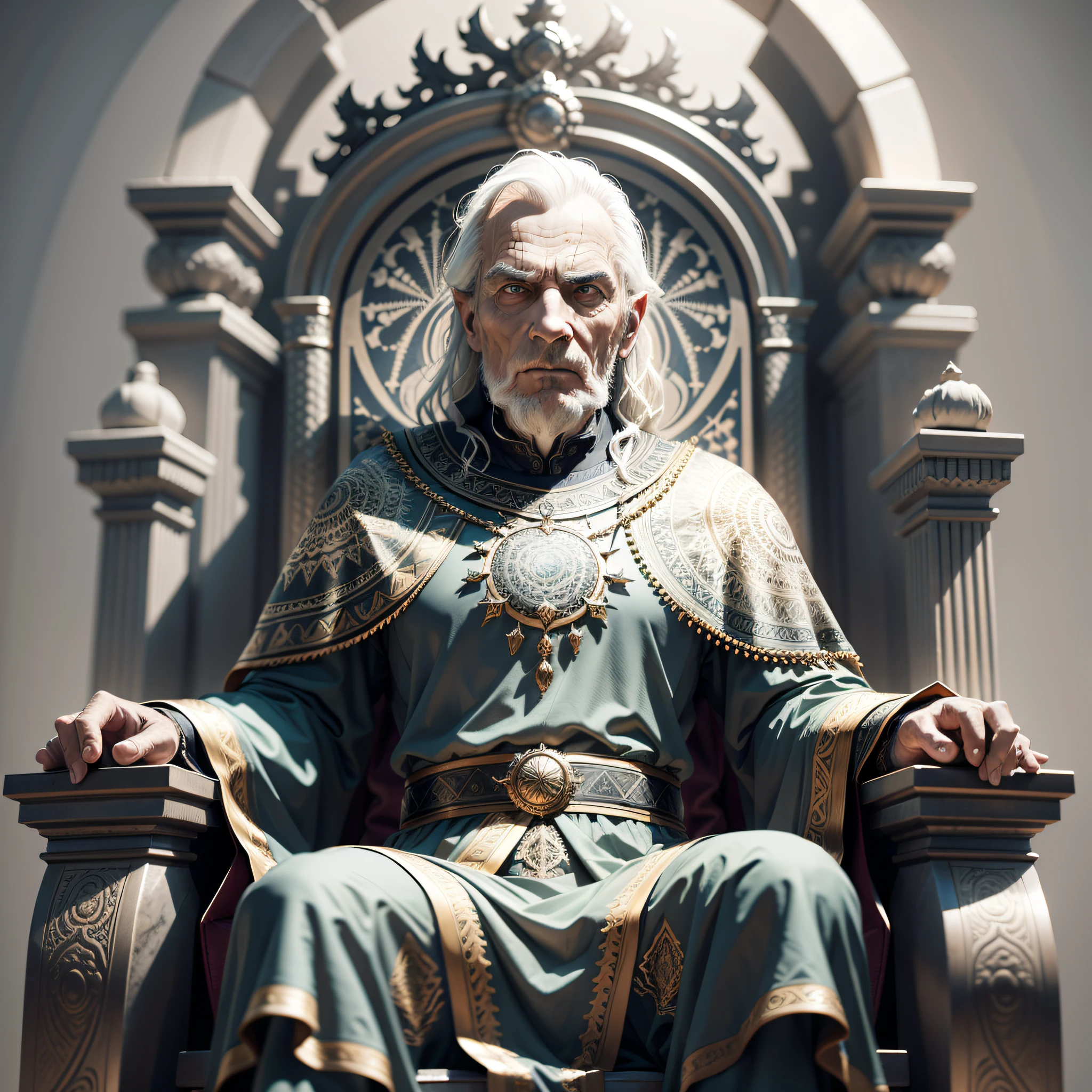 an elder man sitting on a gothic throne, wrapped on the sheet, armed, marble statue, octane render, dramatic lighting, keltic, european, mandala, side view from bottom, anatomically correct, super detailed