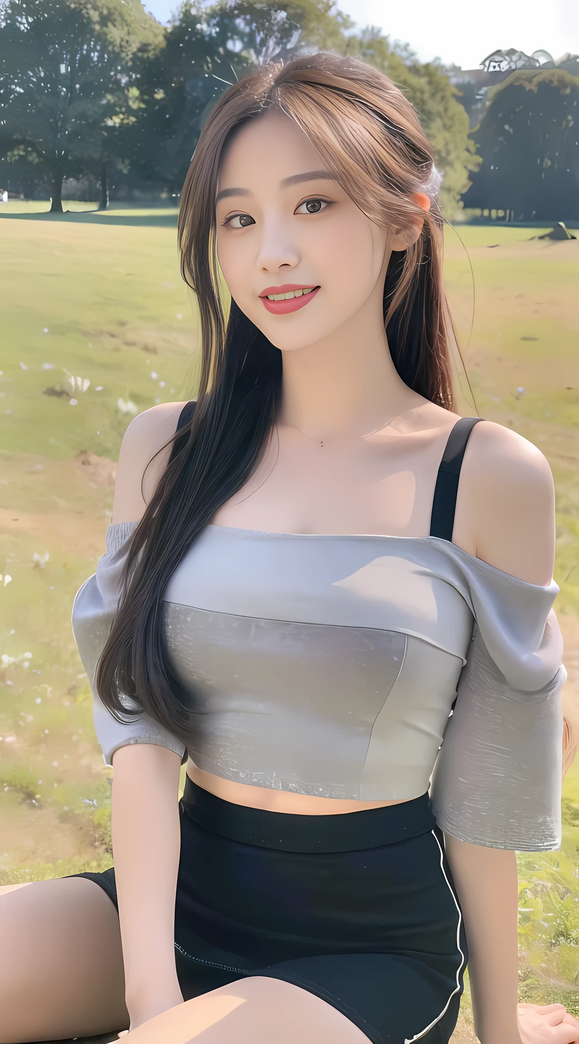 ((Best Quality, 8K, Masterpiece:1.3)), a beautiful girl, off-the-shoulder short sleeves, slit crop top skirt, high ponytail, black fluffy long straight hair, round black big eyes, clear big eyes, moist lips, sweet smile, sitting, pastoral background,