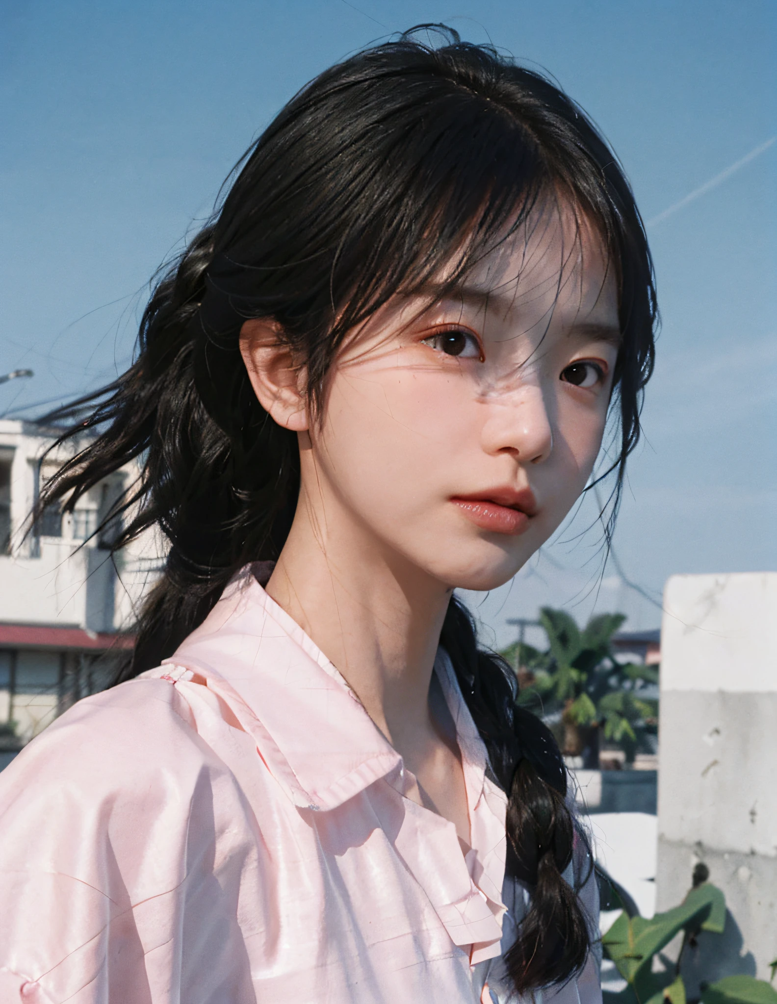 8k, RAW Photo, Best Quality, Masterpiece, High Detail RAW Color Photo, Professional Photo, (Realistic, Photorealistic Photorealism: 1.37), (High Detail Skin: 1.2), High Resolution, Beautiful Detailed Eyes, (Hard Focus: 1.4), (Clear Focus: 1.4), Realistic, (8K UHD: 1.2), Realistic High Quality Shadows, Split Lips, Slender Face, (Wavy Hair), Half Top Knot, Crown Braid, Pink Eye Color, Suggestive Look, (Extreme Facial Close-up) , pov, ((((depth of field))), pale and shiny skin, cropped draped collar shirt, 30 years old, buruma, blue sky and white clouds, bokeh, lens flare, (vignetting: 0.8), dramatic lighting, cinematic lighting, backlighting, professional lighting, physically based rendering, ulzzang-6500-v1.1, pureerosface_v1.