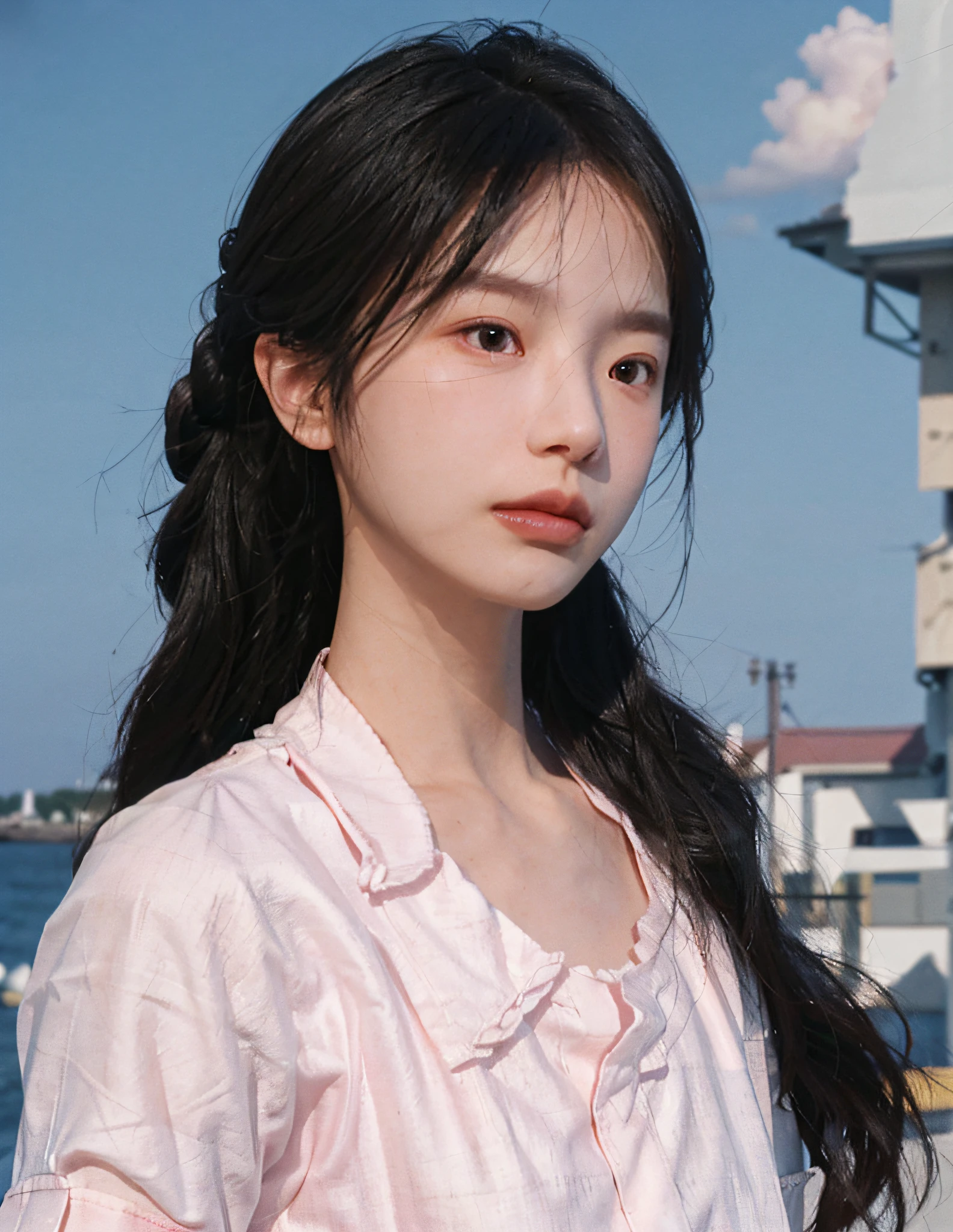 8k, RAW Photo, Best Quality, Masterpiece, High Detail RAW Color Photo, Professional Photo, (Realistic, Photorealistic Photorealism: 1.37), (High Detail Skin: 1.2), High Resolution, Beautiful Detailed Eyes, (Hard Focus: 1.4), (Clear Focus: 1.4), Realistic, (8K UHD: 1.2), Realistic High Quality Shadows, Split Lips, Slender Face, (Wavy Hair), Half Top Knot, Crown Braid, Pink Eye Color, Suggestive Look, (Extreme Facial Close-up) , pov, ((((depth of field))), pale and shiny skin, cropped draped collar shirt, 30 years old, buruma, blue sky and white clouds, bokeh, lens flare, (vignetting: 0.8), dramatic lighting, cinematic lighting, backlighting, professional lighting, physically based rendering, ulzzang-6500-v1.1, pureerosface_v1.