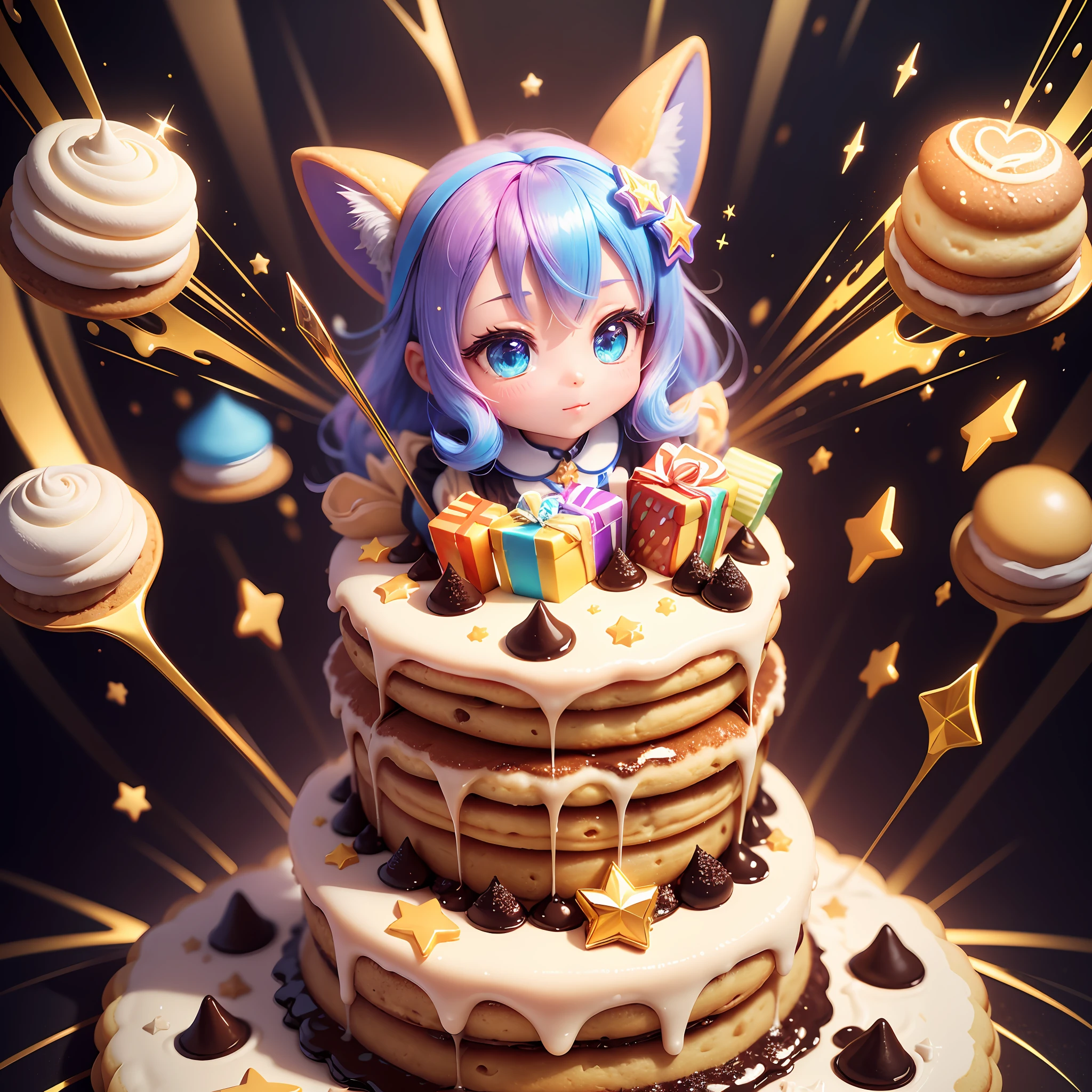 An icon design, 3D, gift icon，pancake，cake，cookie，tiramisu，dazzling light,sparkling feeling gradient colors , psychedelic colors, bright colors, ultra clear details, low pol --q2 --niji5 --auto --s2