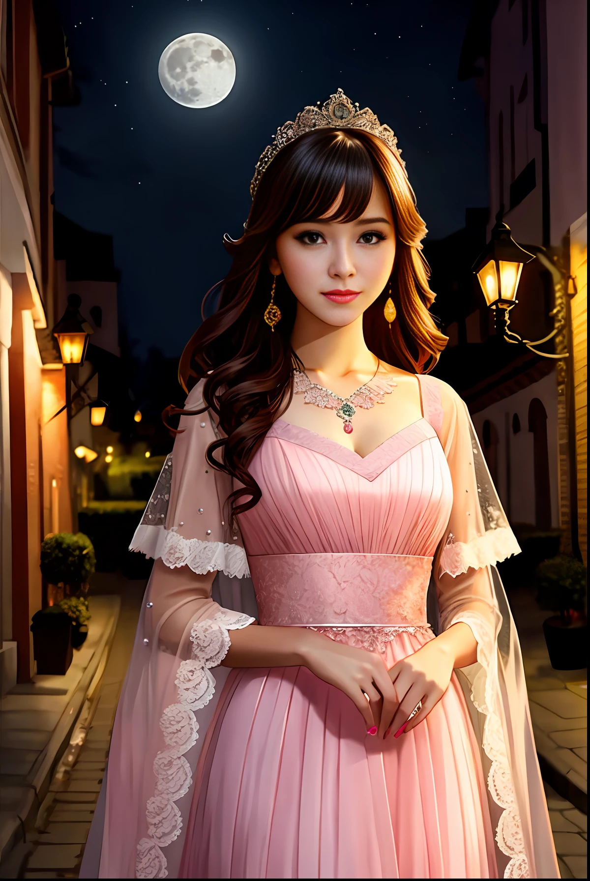 Beautiful girl looking at camera, real girl, halfbody shot,realistic face,street lamps,moon,pink lace gown,