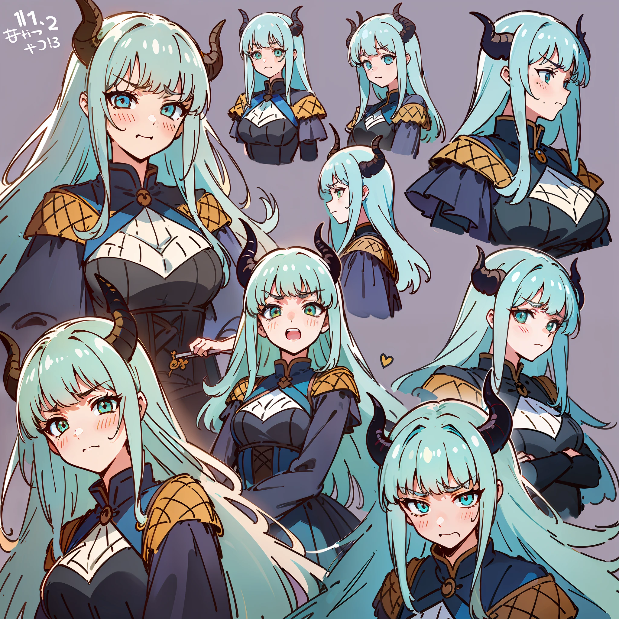 ((masterpiece)),(((best quality))),((character design sheet,same character,front,side,back)), manga panel, side view, exspression box, exxpression panel (( happpy, sad, angry, expectant laughter, disappointed1, cute eyes, )) white background, illustration-nii 5-style cute, emoji as illustration set, ((illustration,1 young man, handsome, yelow hair, long hair,beautiful eyes,environment Scene change, pose too, female demon, horns, holds a spear, charturnbetalora, (simple background, white background: 1.3)