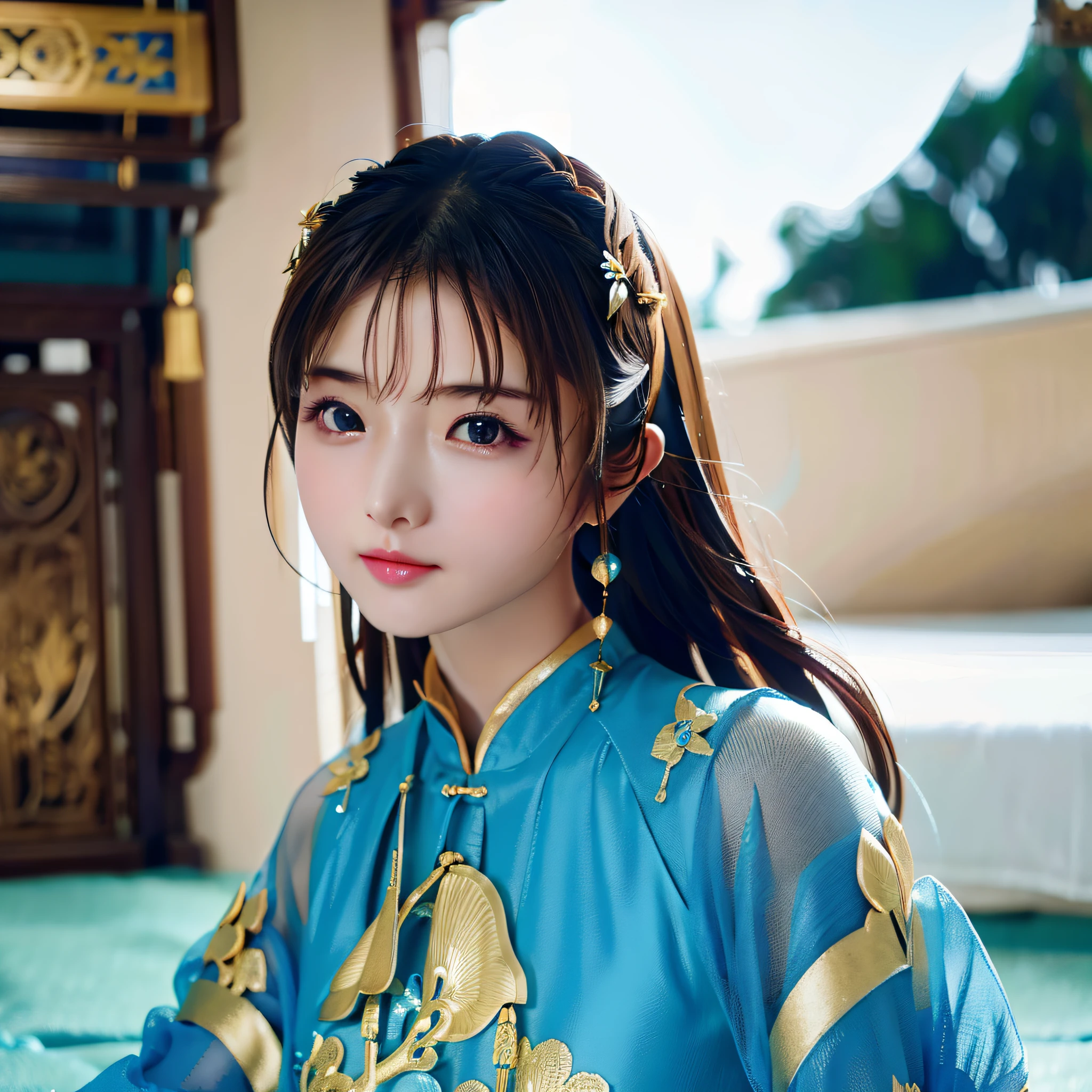 Close-up of a woman in a blue and gold dress, digital art inspired by Du Qiong, popular on Artstation, fantasy art, beautiful character painting, palace, girl in hanfu, art germ and ruan jia, beautiful digital artwork, ruan family and art germ, alice x. zhang, hanfu, trend art germ, 8kuhd, SLR, soft light, high quality, volumetric light, photo, high resolution, 4k, 8k, background bokeh