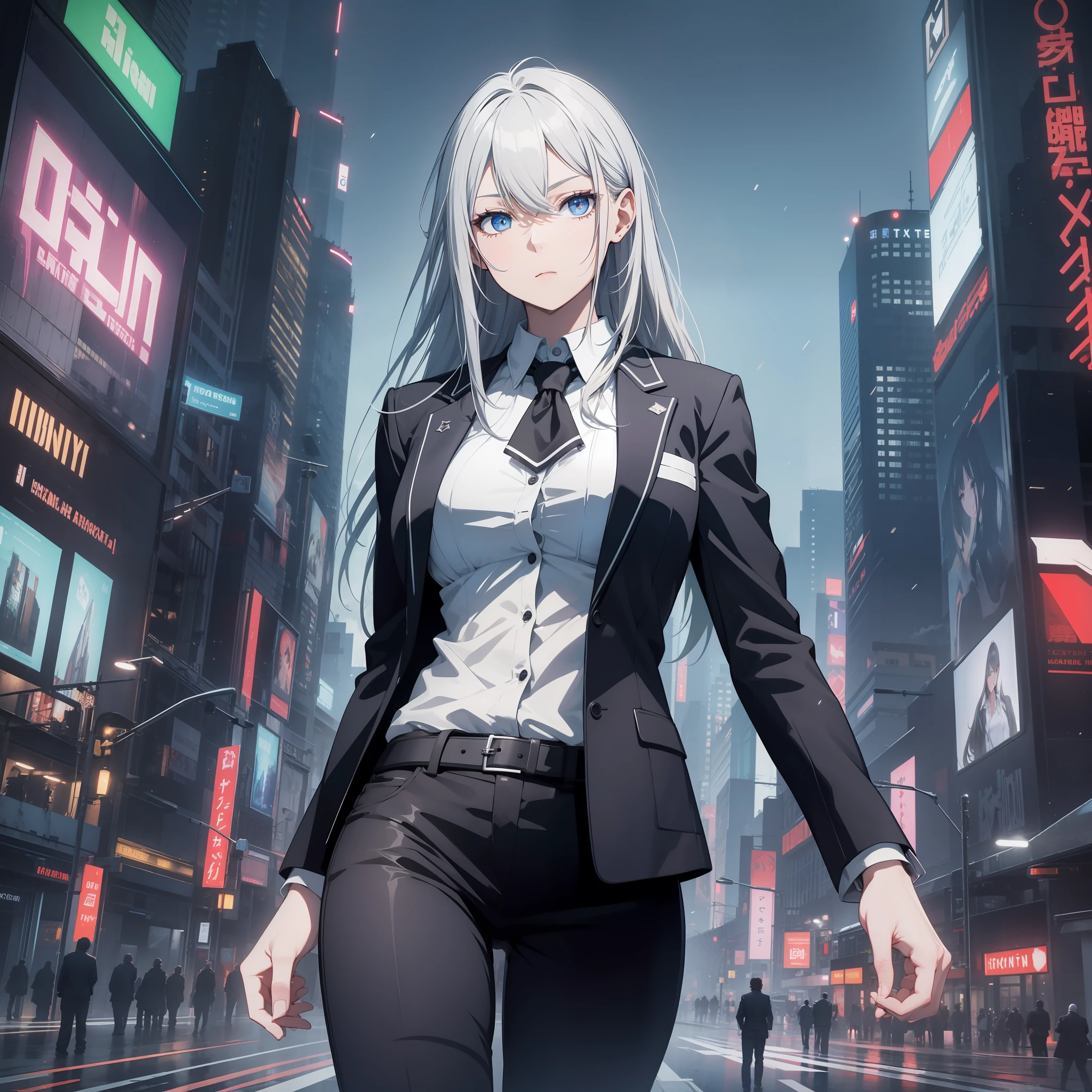 16K, HDR, RTX, raytracing, natural lighting, absurdres, best quality masterpiece, cowboy shot, perfect anatomy, highly detailed face, detailed eyes, 1girl, solo, wearing a business suit, white shirt, top button open, long hair, extreme beautiful, edgy, cool, windy, glowing eyes, serious expressions, detailed office background, skyscrapers, award winning, neon lights, trending on art station