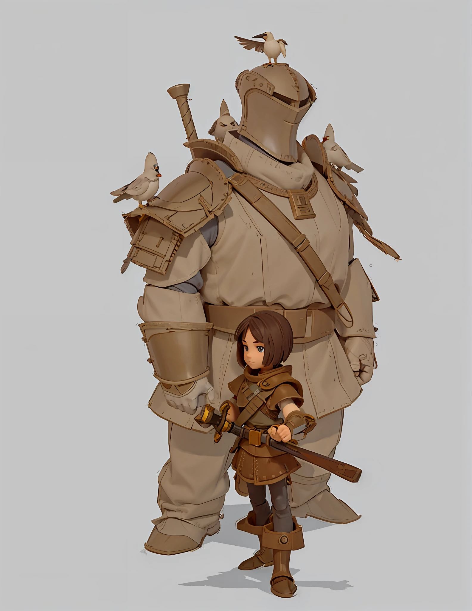 Western fantasy style 3D effect European and American cartoon style Big armor man and little girl (big robot covering face) Sword drawing action Capable short hair Leather boots Upper armor Big armor man has a pigeon Behind the back Sword Serious expression Perfect quality, clear focus, (Masterpiece: 1.2) (Realism: 1.2) (Bokeh) (Best quality) (Detailed skin: 1.3) (Intricate details) (8K) (Detail eyes) (Sharp focus) Very detailed