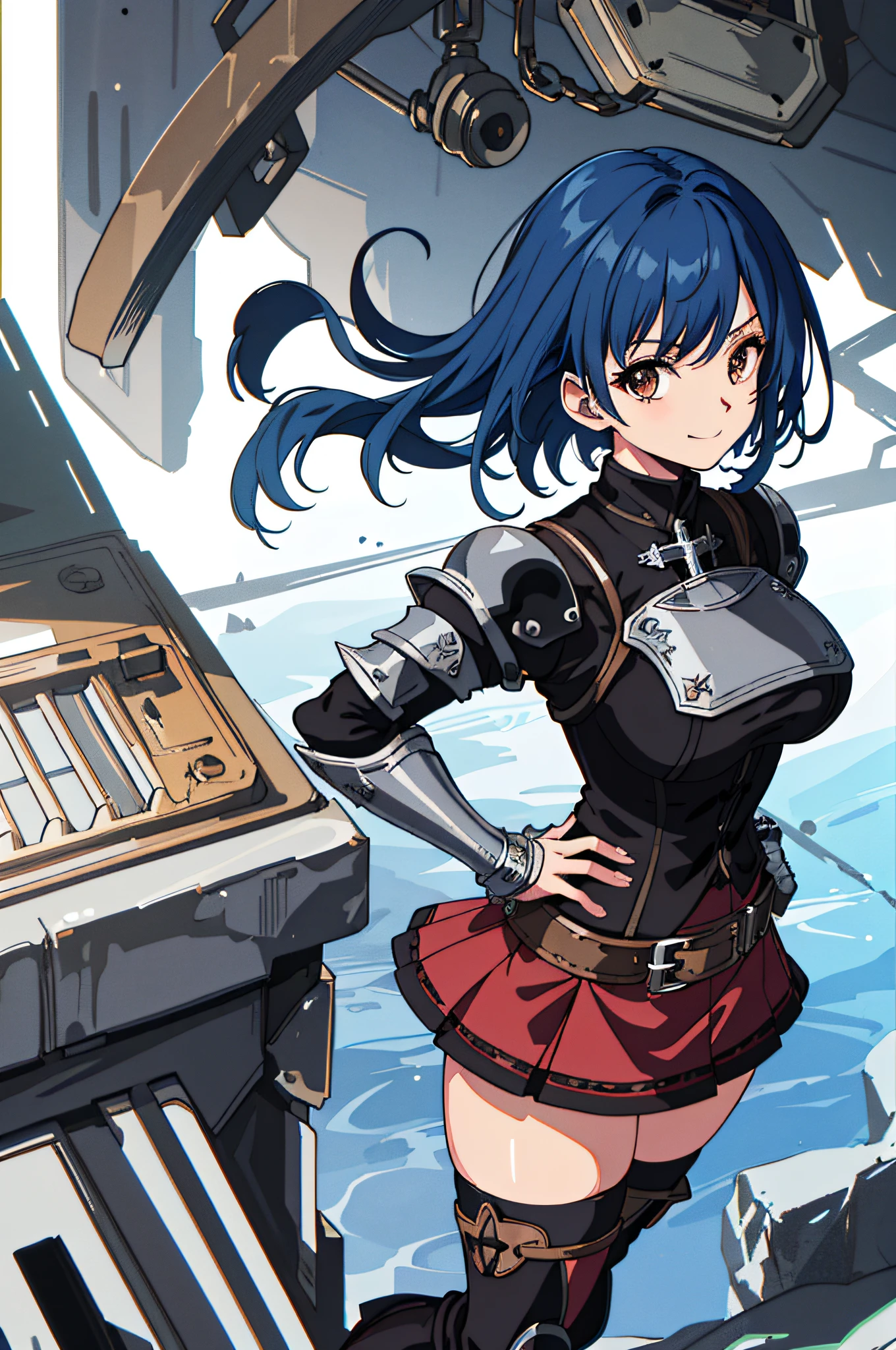 Masterpiece, Ultra detailed, great composition, fantasy, high quality, intricate details, beautiful detailed eyes, (Anime Style), ray tracing, perfect anatomy, {{chromatic aberration}}, absurdres, (Ragnarok Online), {{chivalry aesthetic}}, (gothic architecture), outdoors, (knight chivalry), detailed hair, textile shading, dynamic light, dynamic angle, {{Extremely detailed eyes}}, (seductive smile), (hands on hips), ((((solo)))), short hair, ((blue hair)), ((tan)), (((detailed boobplate))), breastplate, pauldrons, cross, red cape, gauntlets, spiked gauntlets, black belt, pink skirt, (((miniskirt))), ((black legwear)), kneehighs, ((armored boots)), (((amber brown eyes))), (((((27 years old))))), lightly toned, (handsome woman), (zettai ryouiki), knight, dame