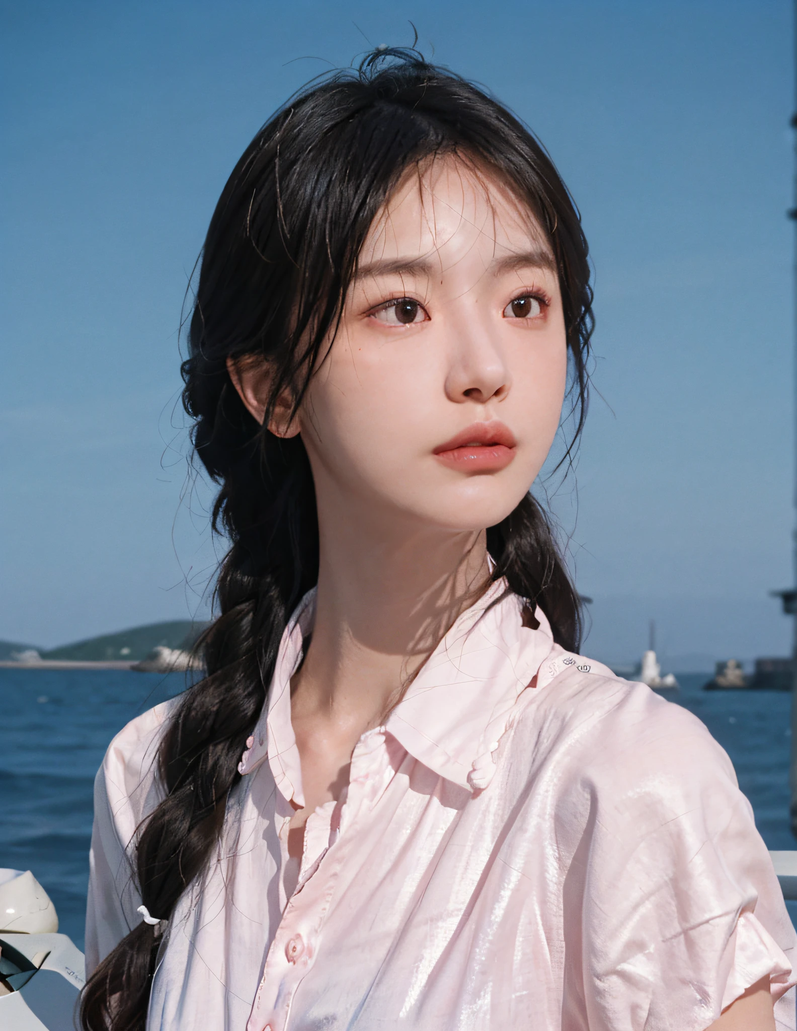 8k, RAW Photo, Best Quality, Masterpiece, High Detail RAW Color Photo, Professional Photo, (Realistic, Photorealistic Photorealism: 1.37), (High Detail Skin: 1.2), High Resolution, Beautiful Detailed Eyes, (Hard Focus: 1.4), (Clear Focus: 1.4), Realistic, (8K UHD: 1.2), Realistic High Quality Shadows, Split Lips, Slender Face, (Wavy Hair), Half Top Knot, Crown Braid, Pink Eye Color, Suggestive Look, (Extreme Facial Close-up) , pov, ((((depth of field))), pale and shiny skin, cropped draped collar shirt, 30 years old, buruma, blue sky and white clouds, bokeh, lens flare, (vignetting: 0.8), dramatic lighting, cinematic lighting, backlighting, professional lighting, physically based rendering, ulzzang-6500-v1.1, pureerosface_v1.