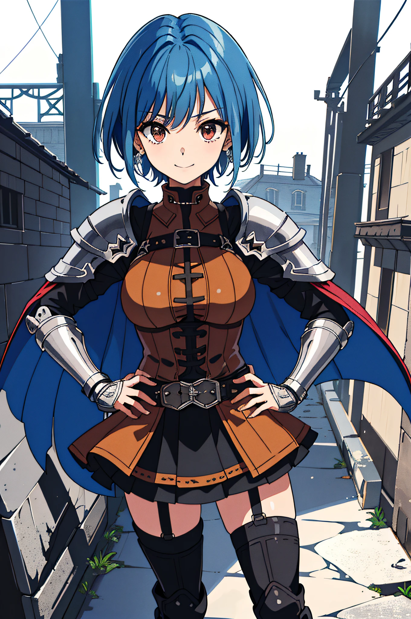 Masterpiece, Ultra detailed, great composition, fantasy, high quality, intricate details, beautiful detailed eyes, (Anime Style), ray tracing, perfect anatomy, {{chromatic aberration}}, absurdres, (Ragnarok Online), {{chivalry aesthetic}}, (gothic architecture), outdoors, (knight chivalry), detailed hair, textile shading, dynamic light, dynamic angle, {{Extremely detailed eyes}}, (seductive smile), (hands on hips), ((((solo)))), short hair, ((blue hair)), ((tan)), (((detailed boobplate))), breastplate, pauldrons, cross, red cape, gauntlets, spiked gauntlets, black belt, pink skirt, (((miniskirt))), ((black legwear)), kneehighs, ((armored boots)), (((amber brown eyes))), (((((27 years old))))), lightly toned, (handsome woman), (zettai ryouiki), knight, dame