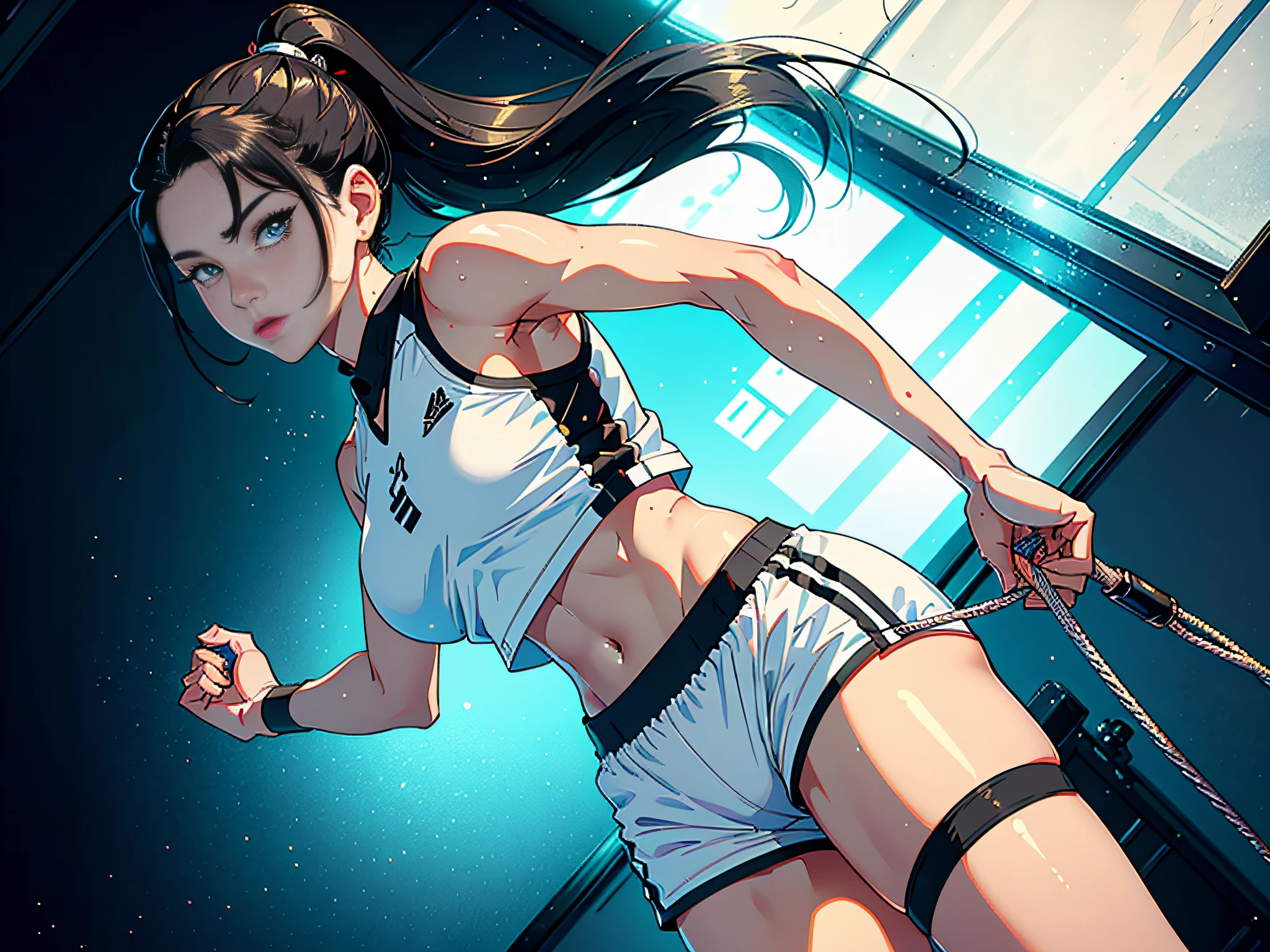 (Original), (Best Quality), (Masterpiece), Photographic Reality, Realistic, Very Detailed Illustrations, (1 Girl), Beautiful Eyes, (Delicate Face), Perfect Details, (Best Lighting), (Super Intricate Details), (Award Ceremony Podium), Sweat, Heavy Breathing, (Referee's Award), (First Place at the Ceremony), Sports Shorts, Perfect Details, Perfect Fingers, Perfect Limbs, Impact, (Shiny Skin), Abs, Muscles, Waist Line, Shorts, , Black Hair, High Ponytail, Super long hair, 4K uniform, (ultra-fine CG: 1.2), (8K: 1.2), realistic, octane rendering