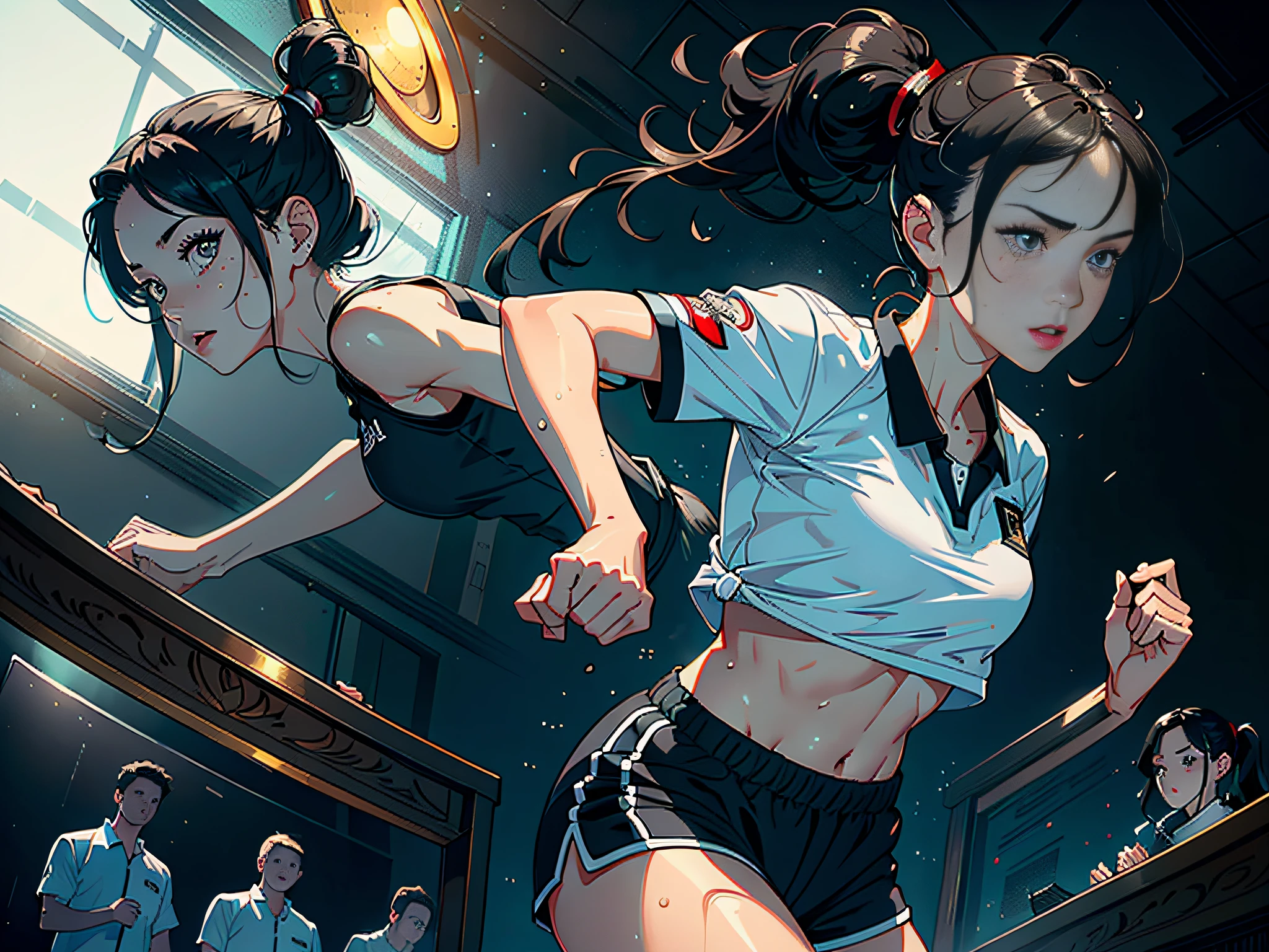 (Original), (Best Quality), (Masterpiece), Photographic Reality, Realistic, Very Detailed Illustrations, (1 Girl), Beautiful Eyes, (Delicate Face), Perfect Details, (Best Lighting), (Super Intricate Details), (Award Ceremony Podium), Sweat, Heavy Breathing, (Referee's Award), (First Place at the Ceremony), Sports Shorts, Perfect Details, Perfect Fingers, Perfect Limbs, Impact, (Shiny Skin), Abs, Muscles, Waist Line, Shorts, , Black Hair, High Ponytail, Super long hair, 4K uniform, (ultra-fine CG: 1.2), (8K: 1.2), realistic, octane rendering