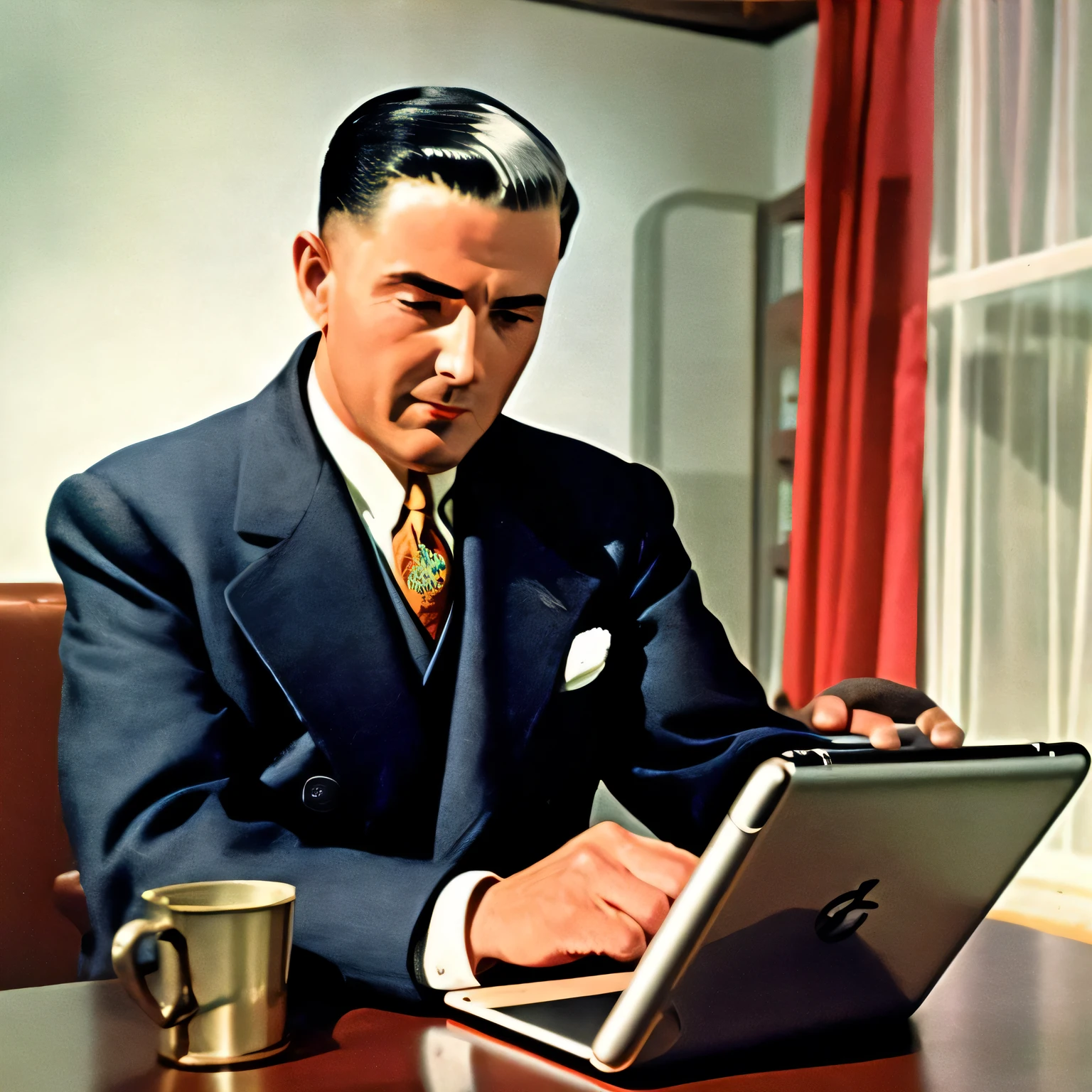 colorful photography of man from 1940 using iPad, sitting in a room, 40's