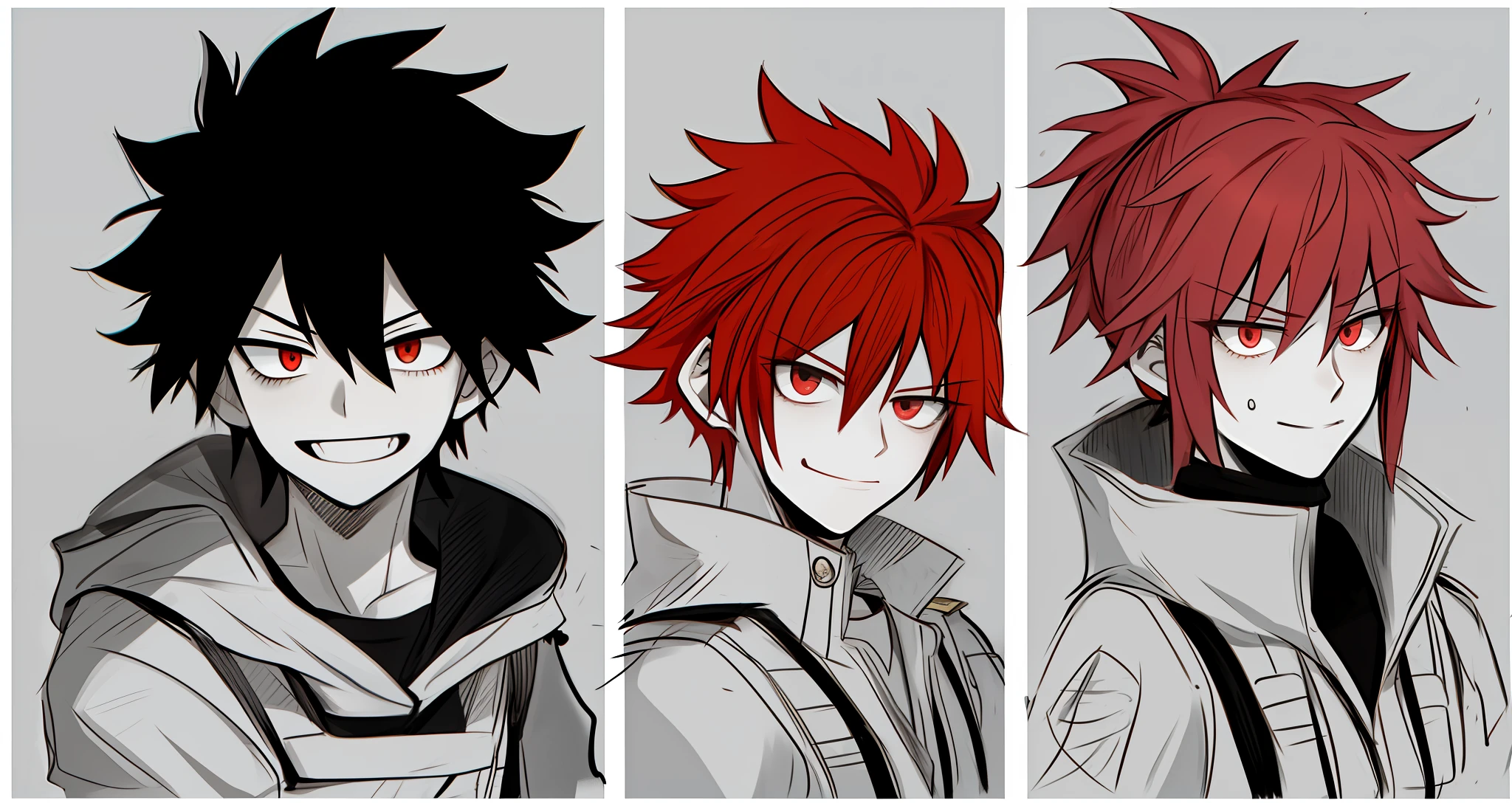 My Hero Academia art style, 1male, Monochrome, Red Hair, Ponytail