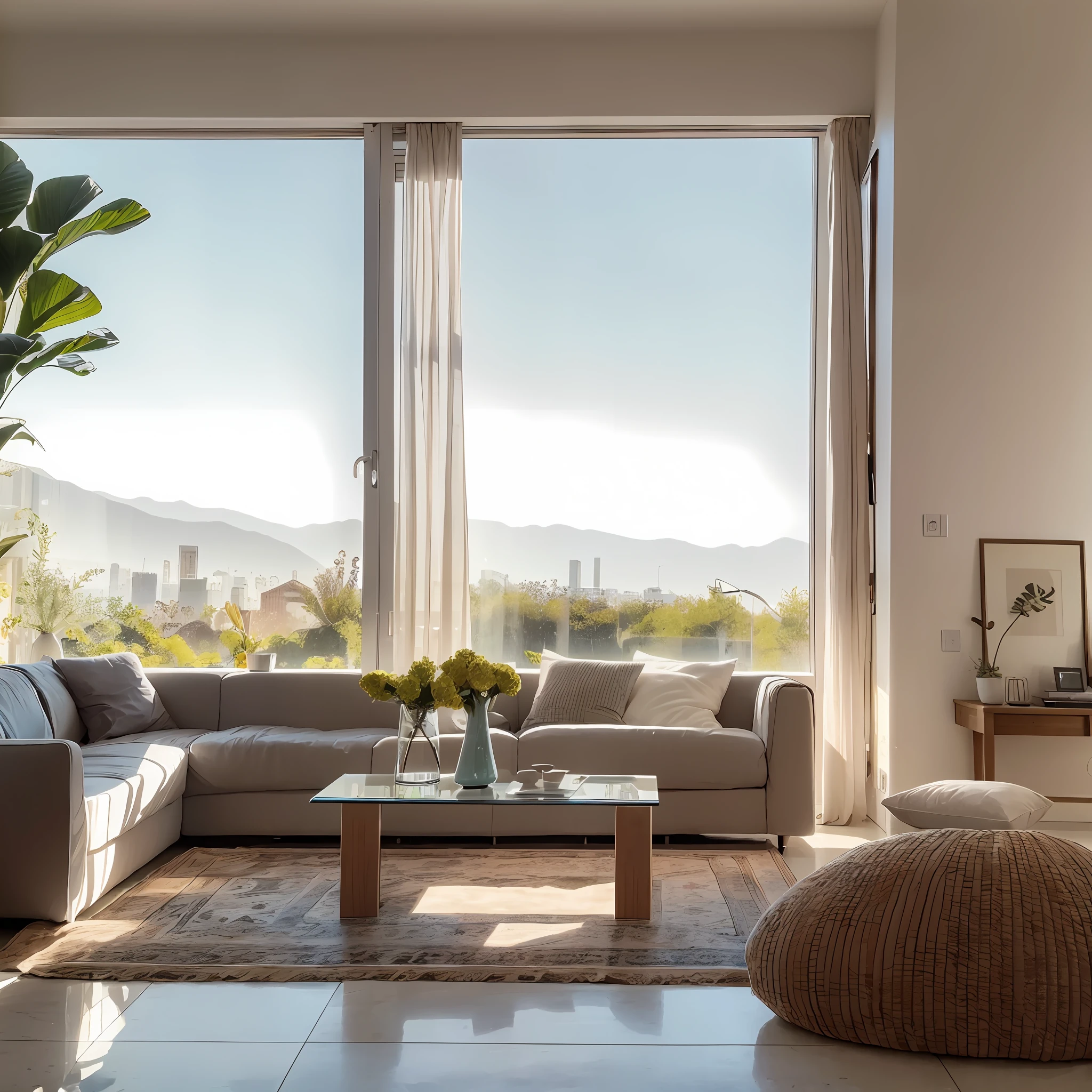 Sunlight projection, living room, large window, soft sofa --auto --s2