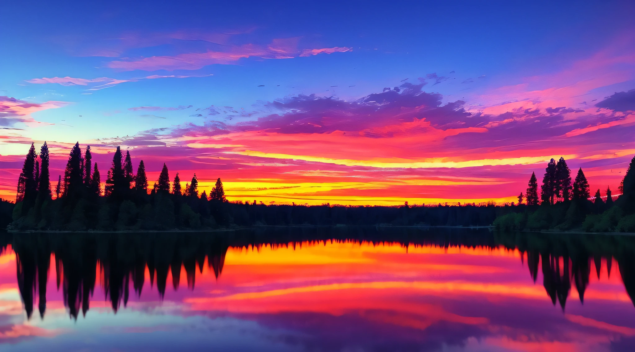 there is a beautiful sunset with a lake and trees in the background, colorful skies, surreal colors, colorful sunset, colorful sky, marvellous reflection of the sky, stunning sky, dream like atmosphere 8k, colorful clouds, colors reflecting on lake, surreal sky, red and blue reflections, fire reflection, beautiful sky, beautiful and spectacular dusk, beautiful dreamy landscape, amazing sky