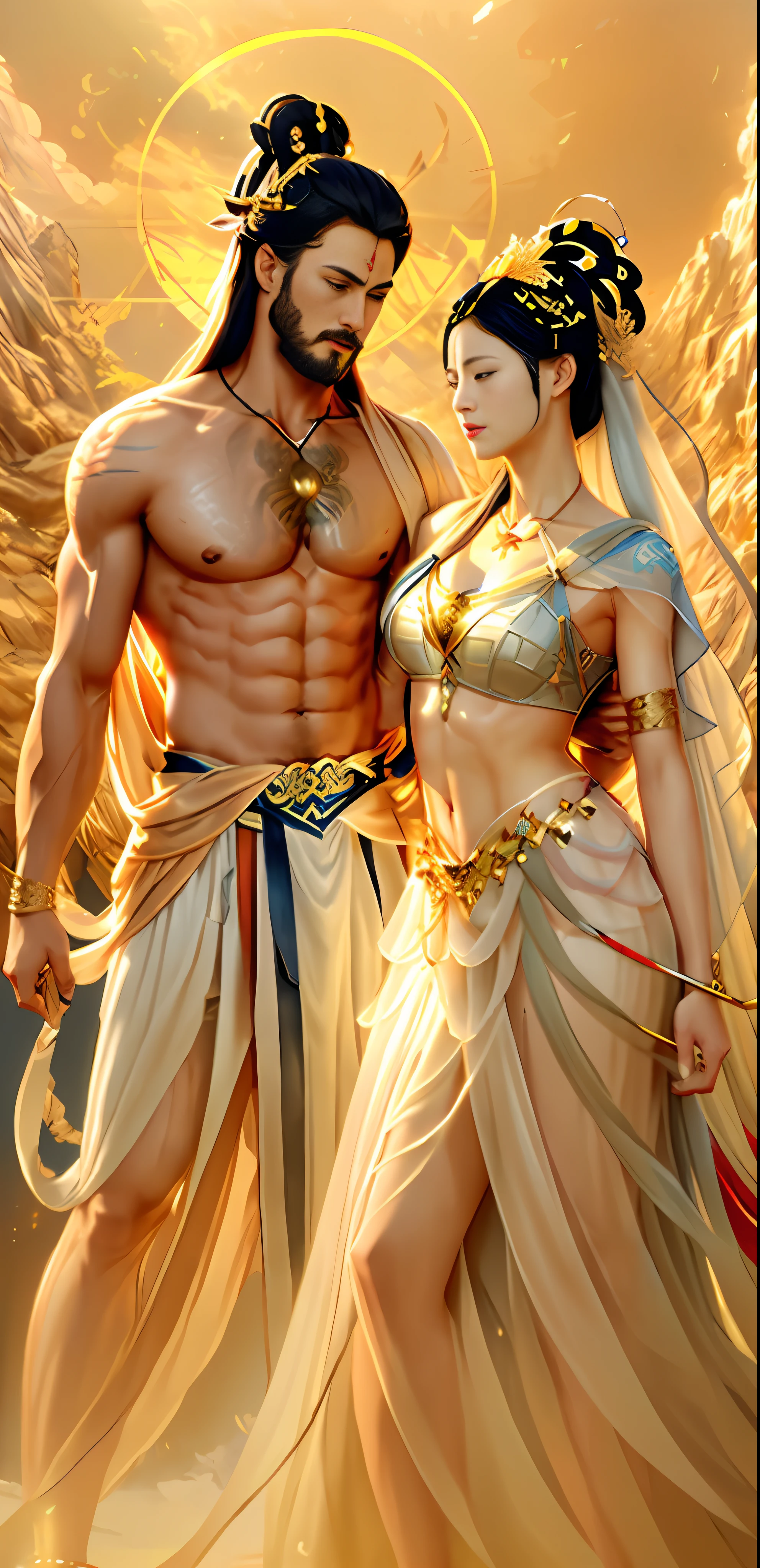 Painted portrait of Rough Zeus, Thor, Greek God, On Mount Olympus, Full Body, Mature, Handsome, Fantastical, Intricate, Elegant, Very Detailed, Digital Painting, Artstation, Concept Art, Smooth, Clear Focus, Illustration, Artwork by Gaston Bussiere and Alphonse Muya, (Couple Cugging), One Man and One Woman, Sexy, Nude, Nude, Transparent, Shedding, Chinese Mythology