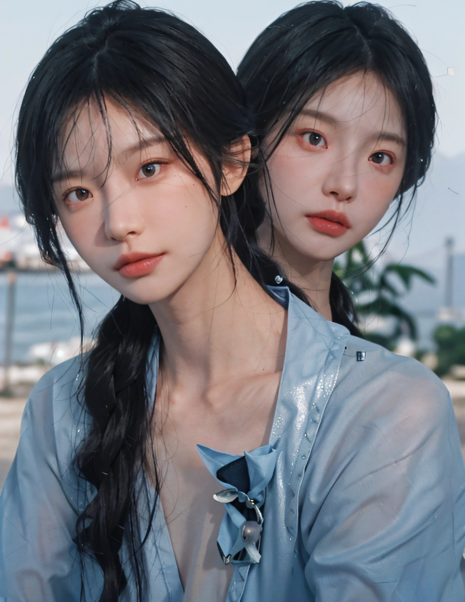 8k, RAW photo, best quality, masterpiece, high detail RAW color photo, professional photo, (realistic, photorealistic photorealism: 1.37), (high detail skin: 1.2), high resolution, beautiful detailed eyes, (hard focus: 1.4), (clear focus: 1.4), realistic, (8K UHD: 1.2), realistic high quality shadows, split lips, slender face, (wavy hair), half top knot, gray-blue braid, pink eye color, suggestive appearance, (extreme face close-up) , pov, ((((depth of field))), pale and shiny skin, nine-split collar shirt, 30 years old, buruma, blue sky and white clouds, background blur, lens flare, (vignetting: 0.8), dramatic lighting, cinematic lighting, backlighting, professional lighting, physically based rendering, ulzzang-6500-v1.1, pureerosface_v1.