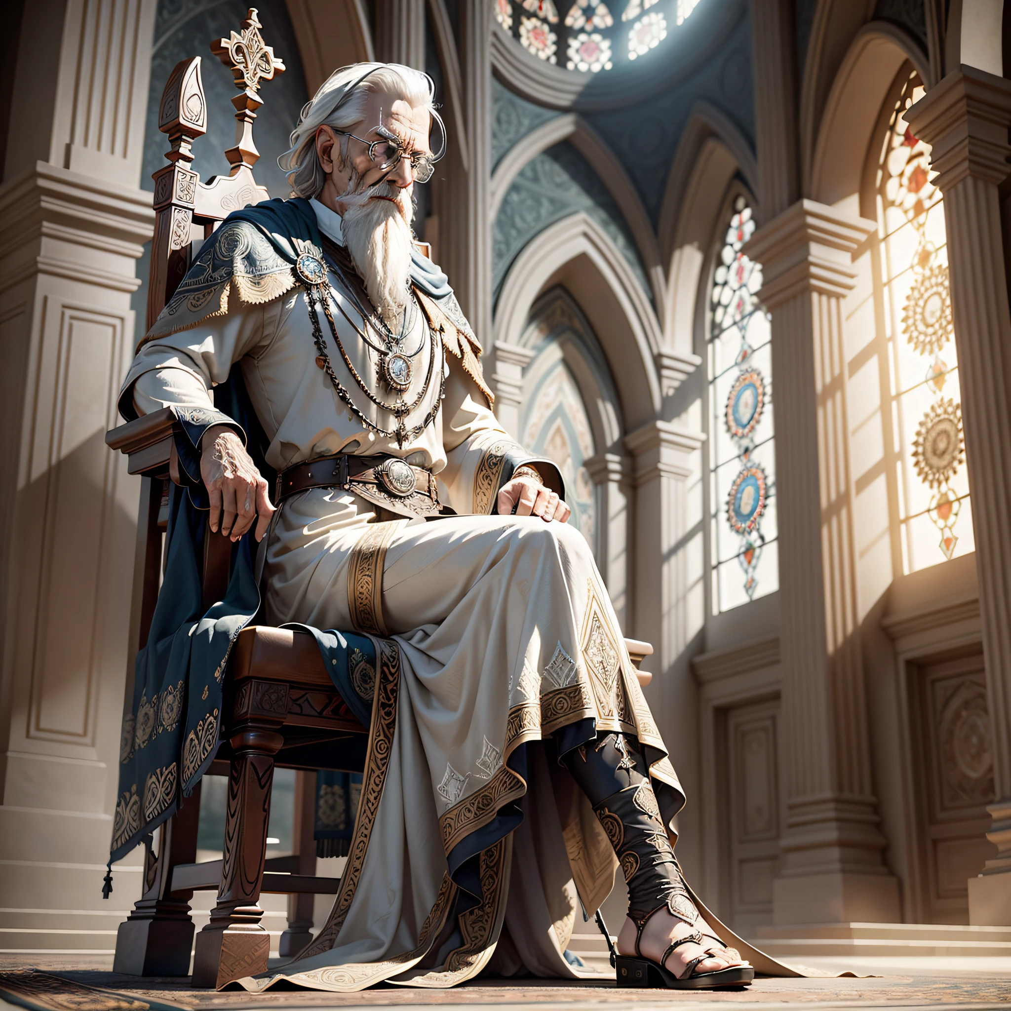 an elder man sitting on a gothic chair, wrapped on the sheet, armed, marble statue, octane render, dramatic lighting, keltic, european, mandala, side view from bottom, anatomically correct, super detailed