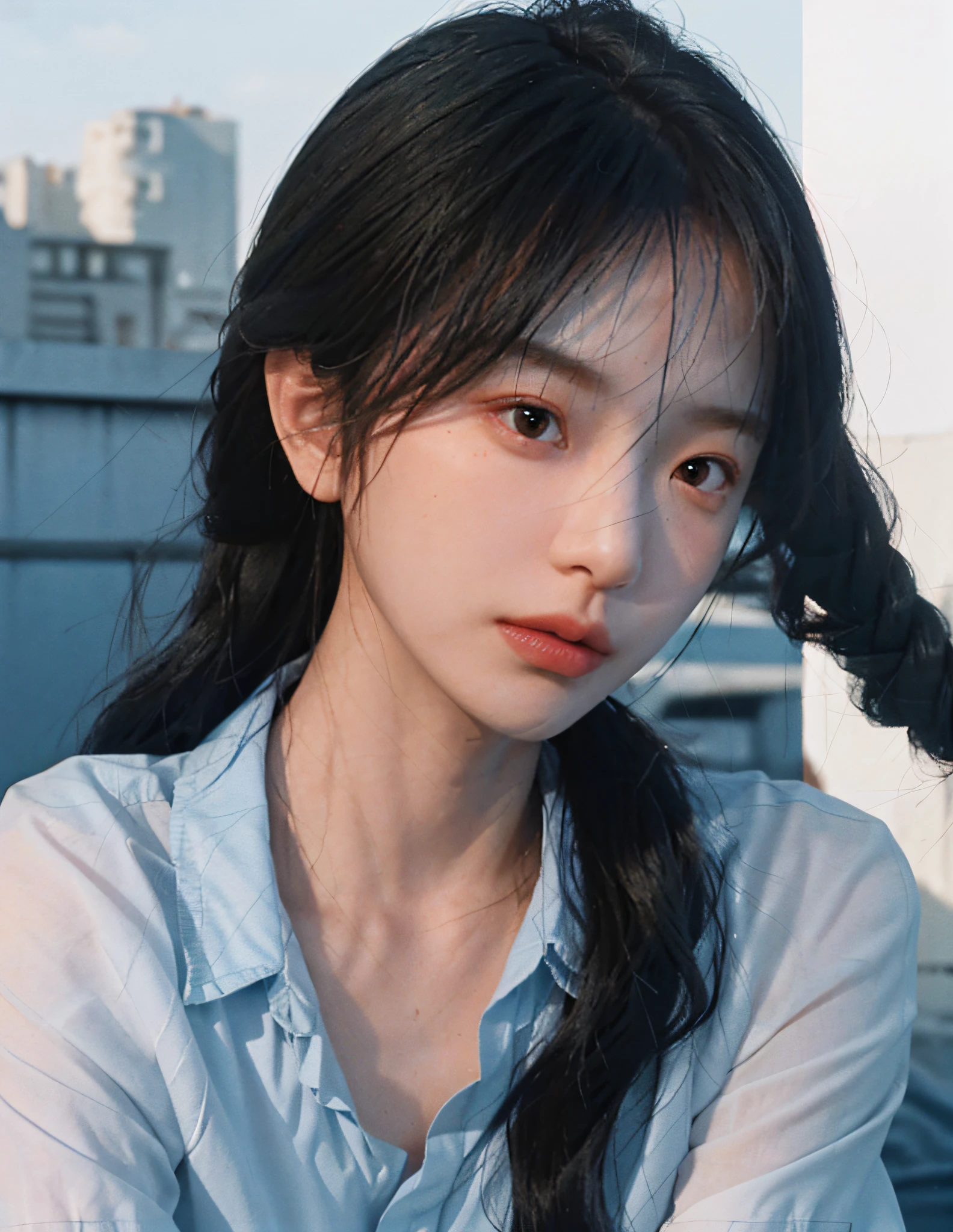 8k, RAW photo, best quality, masterpiece, high detail RAW color photo, professional photo, (realistic, photorealistic photorealism: 1.37), (high detail skin: 1.2), high resolution, beautiful detailed eyes, (hard focus: 1.4), (clear focus: 1.4), realistic, (8K UHD: 1.2), realistic high quality shadows, split lips, slender face, (wavy hair), half top knot, gray-blue braid, pink eye color, suggestive appearance, (extreme face close-up) , pov, ((((depth of field))), pale and shiny skin, nine-split collar shirt, 30 years old, buruma, blue sky and white clouds, background blur, lens flare, (vignetting: 0.8), dramatic lighting, cinematic lighting, backlighting, professional lighting, physically based rendering, ulzzang-6500-v1.1, pureerosface_v1.