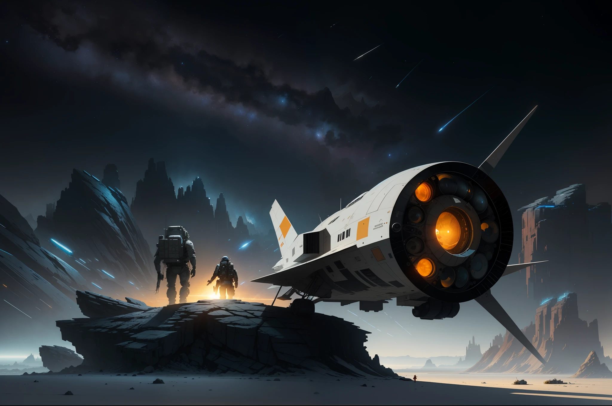an ultrafine detailed painting of a spacecraft in the middle of the night, space art, landscape with analogous colors, barren planet, rocks, mountains, stars, white plastic panels, negative space, silhouette of spaceman, by John Berkey, by Chris Foss, by Stephan Martiniere, by Robert McCall, by Dan McPharlin, by Ian McQue, cgsociety, BREAK Hypermaximalist, Maximalism, Highres, High Quality, Highly Detailed, Ultra-Detailed