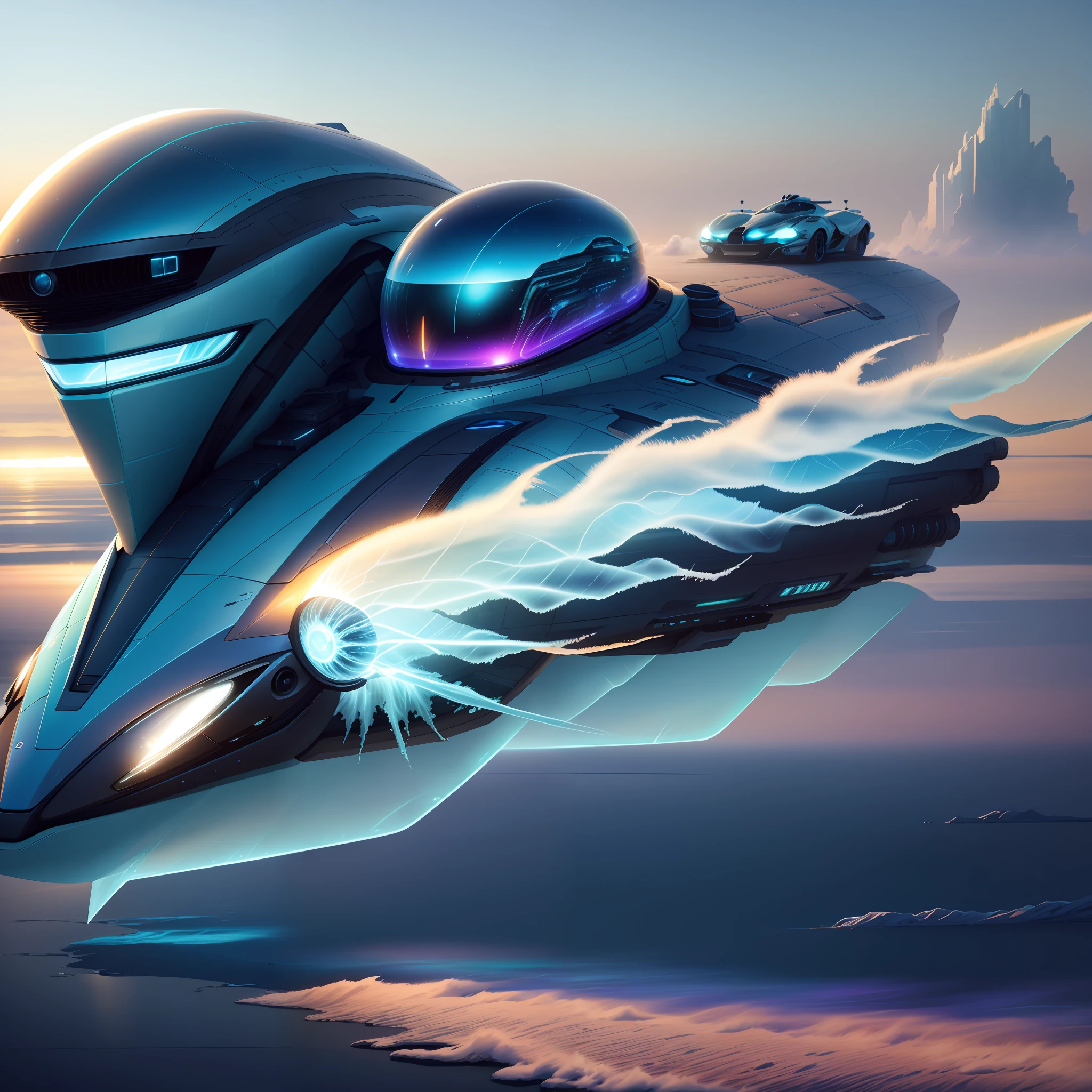 frostracetech, cryogenic , scifi, 
car, glowing , wind trail, ocean view, highway