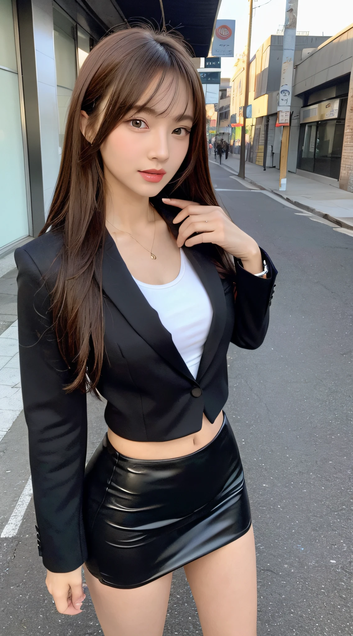 ((Best Quality, 8K, Masterpiece: 1.3)), Full Body, Focus Clear: 1.2, Outstanding Style: 1.4, Slender Abs: 1.2, ((Brown Hair, Big: 1.2)), (Neon, Street: 1.1), Highly Detailed Face and Skin Texture, Detailed Eyes, Double Eyelids, (Wearing a Black Formal Blazer, Tight Mini Skirt)