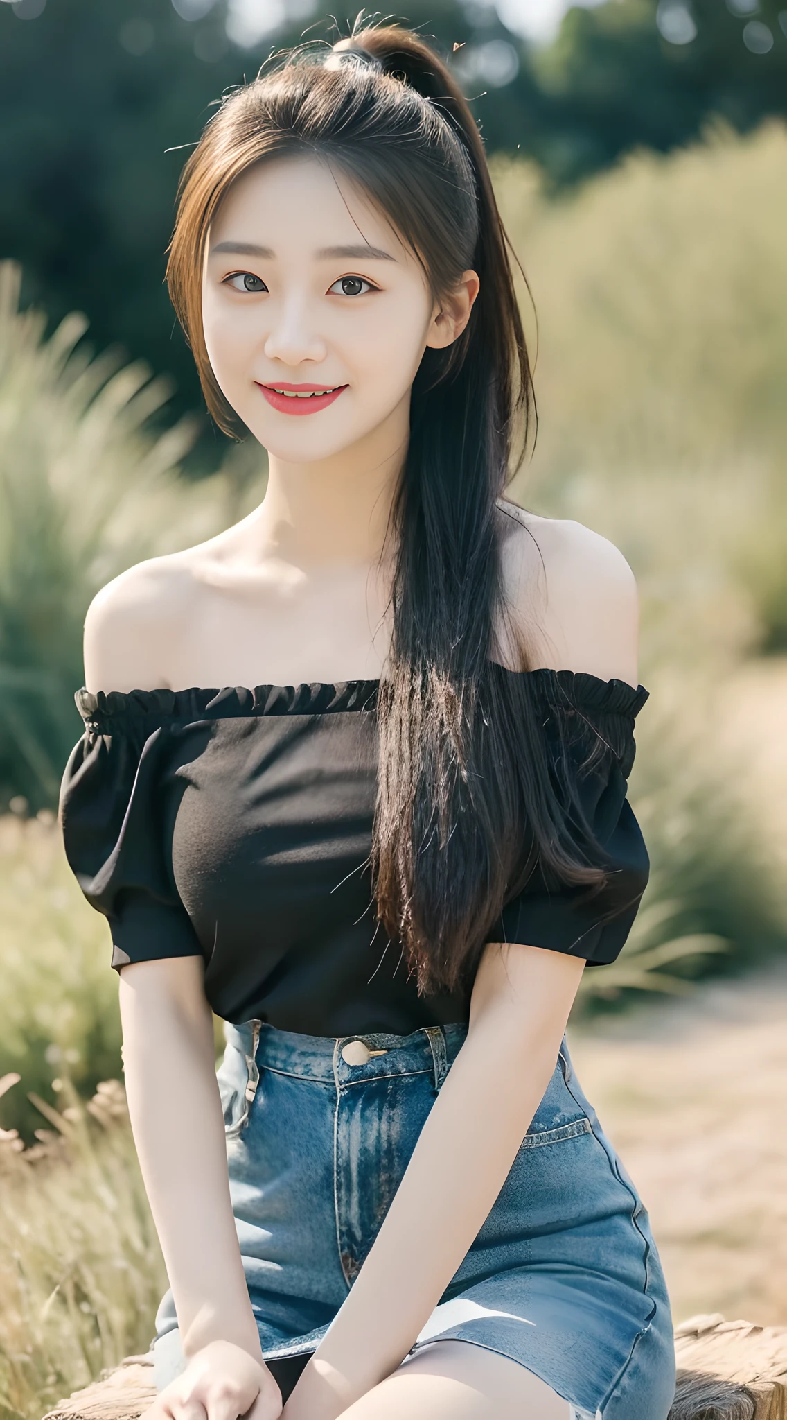 ((Best Quality, 8K, Masterpiece:1.3)), a beautiful girl, off-the-shoulder short sleeves, slit low rise short skirt, high ponytail, black fluffy long straight hair, round black big eyes, clear big eyes, moisturized lips, sweet smile, sitting, pastoral background,