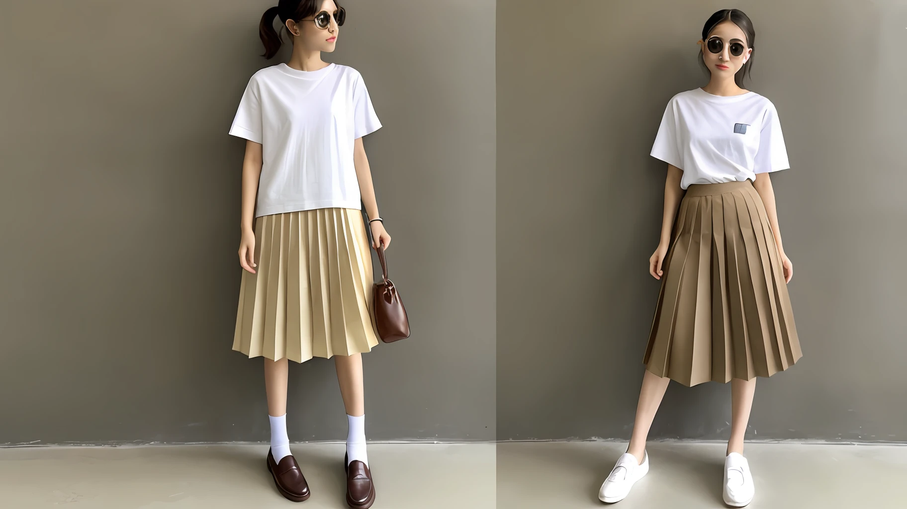 Loose T-shirt, pleated skirt, brown loafers