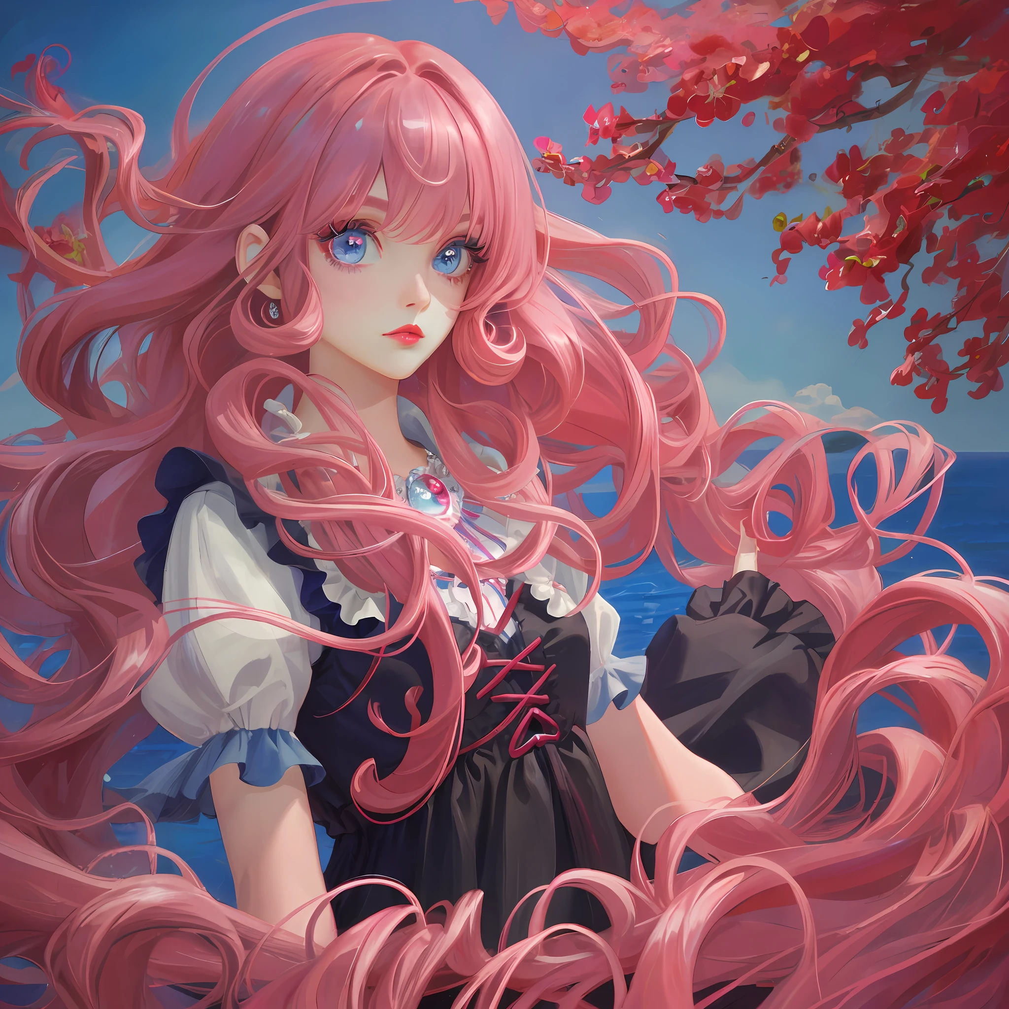 (Masterpiece, best quality), pink hair, blue eyes, long eyelashes, big red lips, girly, long curly hair