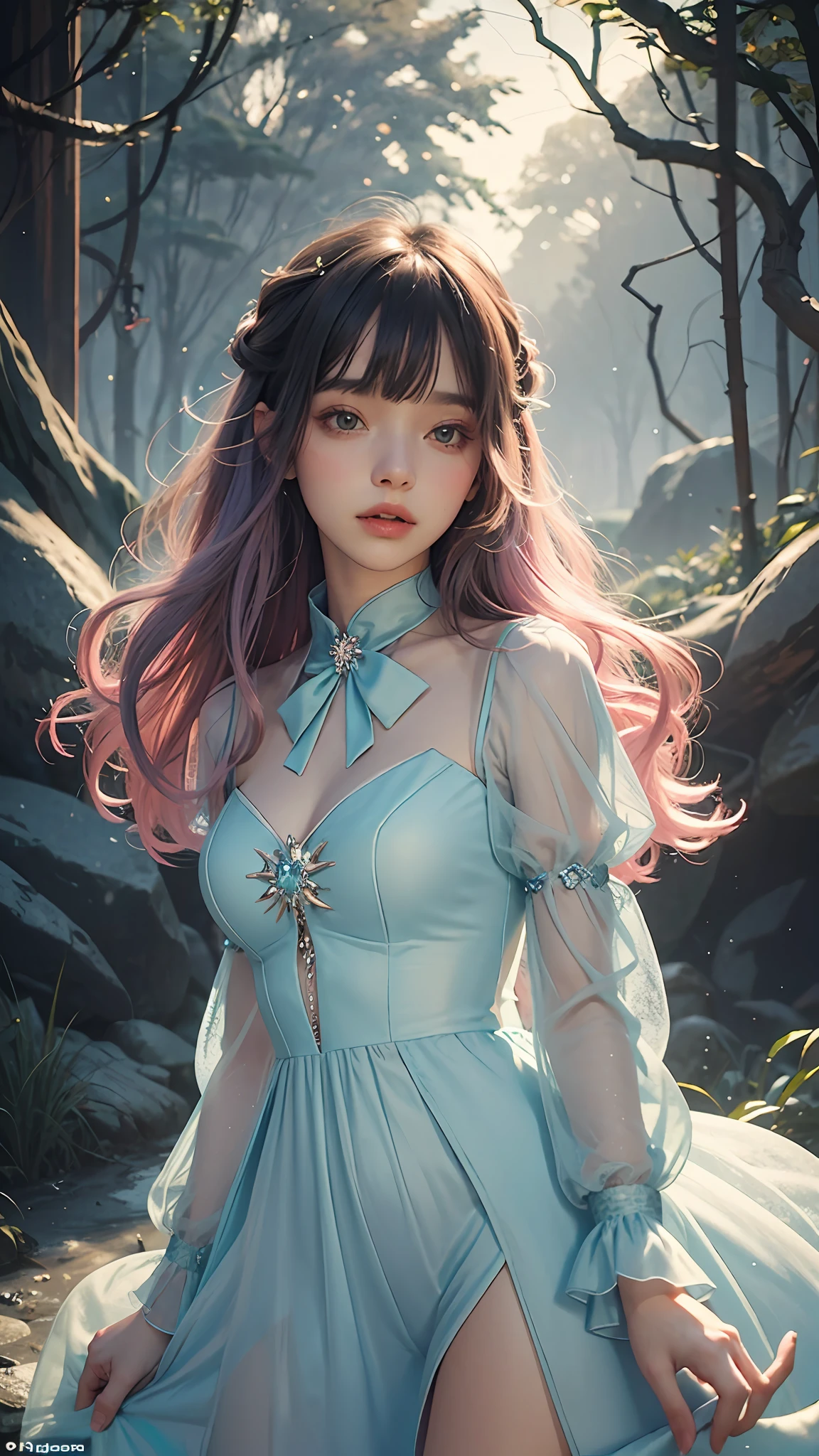 (Fluorescent color: 1.4), (Translucent: 1.4), (Vintage filter: 1.4), (Fantasy: 1.4), Candy World Disneyland Ethereal Soft Fluffy Soft Landscape Forest Snowflake Pale Pink Sky Green Blue Sparkling Ethereal Light Soft Whimsical Light Rainbow Stars Diamond Sparkling Gemstone Background Ultra Realistic Ultra High Quality Cinematic Lighting Huge details Full HD painting Plenty of light, diagonal bangs,
Collared dress, sides
Masterpiece, Best Quality, Real Skin, (Portrait: 1.5), 1 Girl, Blunt Bangs, Long Hair, Full Body Shot