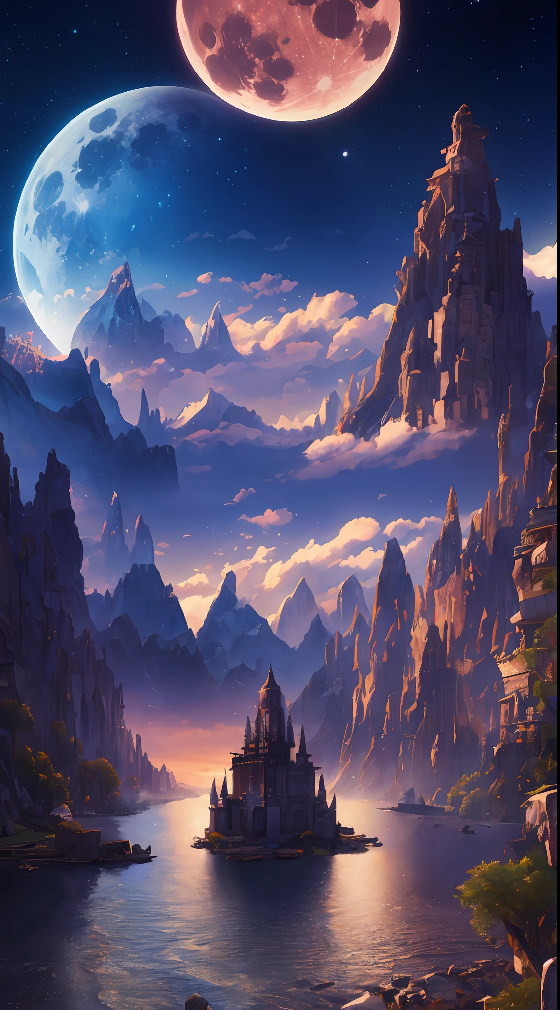 Masterpiece, best quality, high quality, extremely detailed CG unified 8k wallpaper, landscape, outdoors, sky, clouds, night, cloudy, big moon, huge stone wall hidden in the mountains, a group of people trying to open it, award winning photography, background bokeh, depth of field, HDR, bloom, chromatic aberration, realism, very detailed, artstation trend, cGSociety trend, intricate, high detail, drama, halfway art --auto --s2