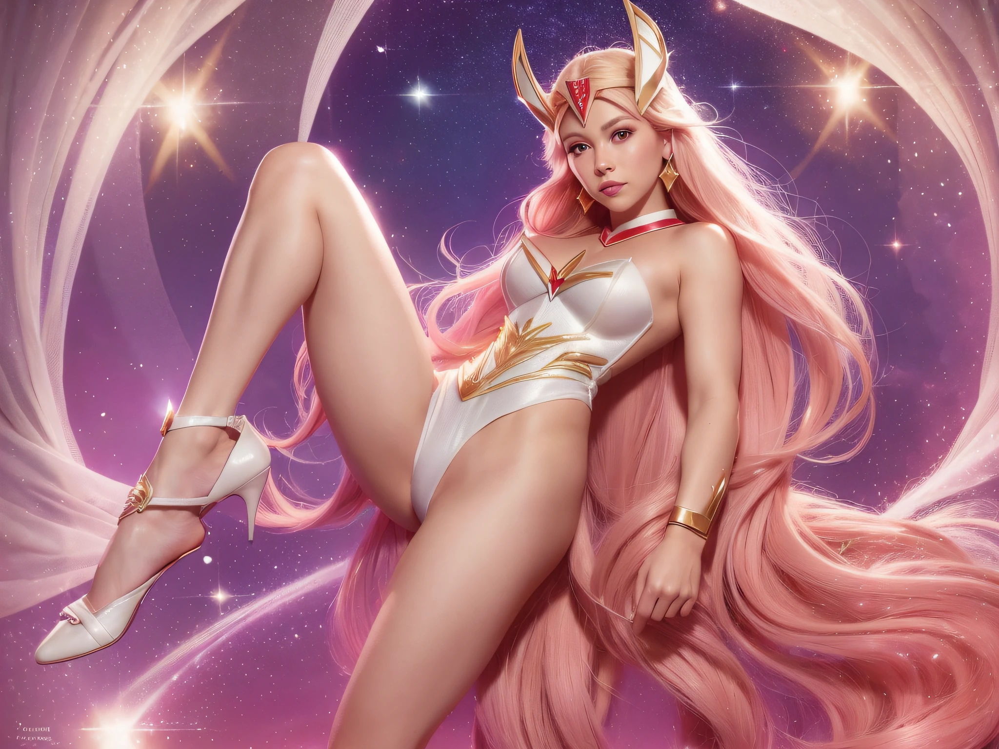 full body photo of ((She-ra)), ((The princess of the power)), blonde, white dress, white lace panties, high kick, 85mm lens, eos, 4k, exquisite detail, 4k, Canon EOS, 85mm lens, sharp focus, real texture skin, (ysfw:1.5)
