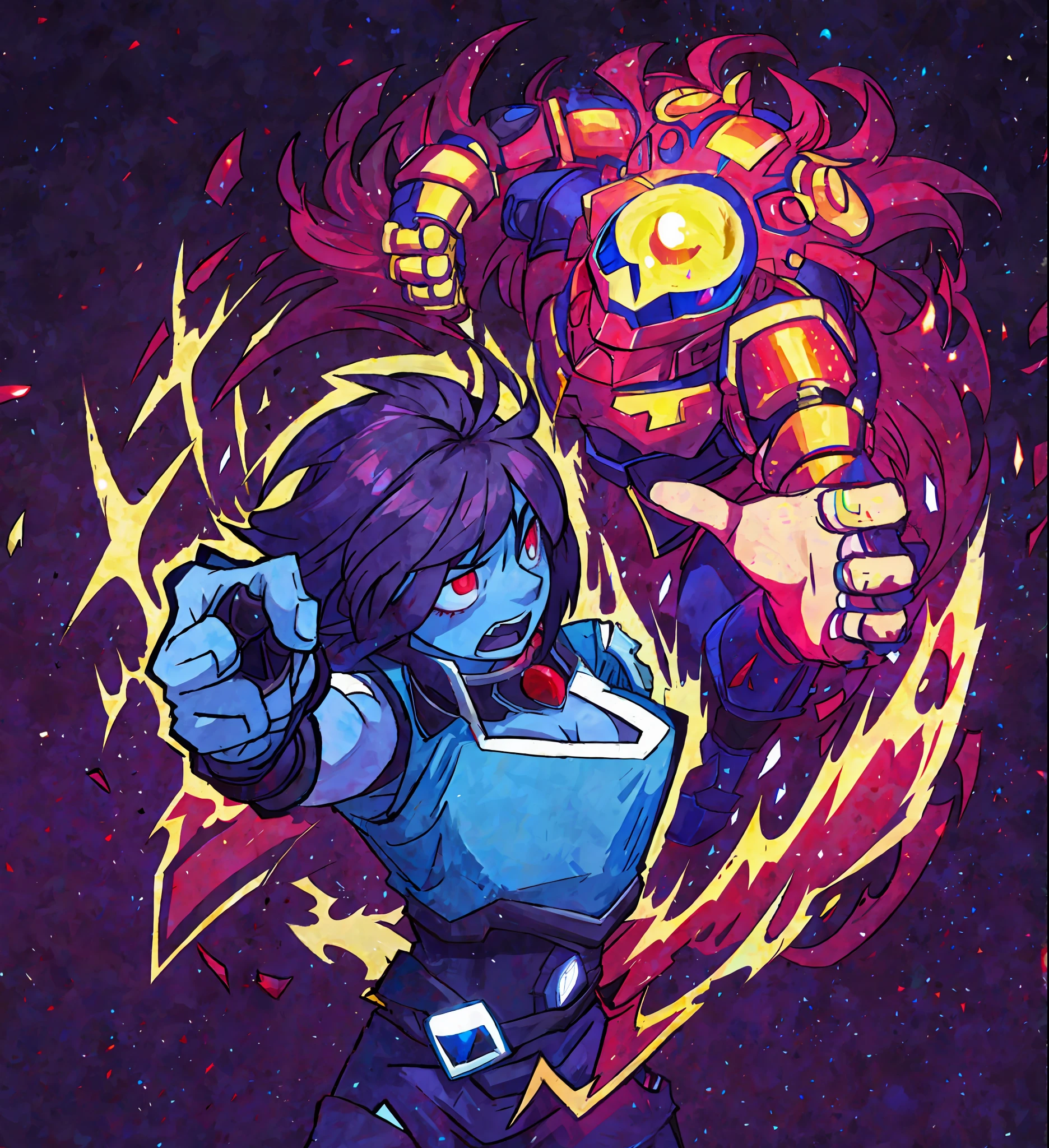 blue skin,dark hair, armor, glowing red eye, 2 people, ghost, fist, aura, hd, highres