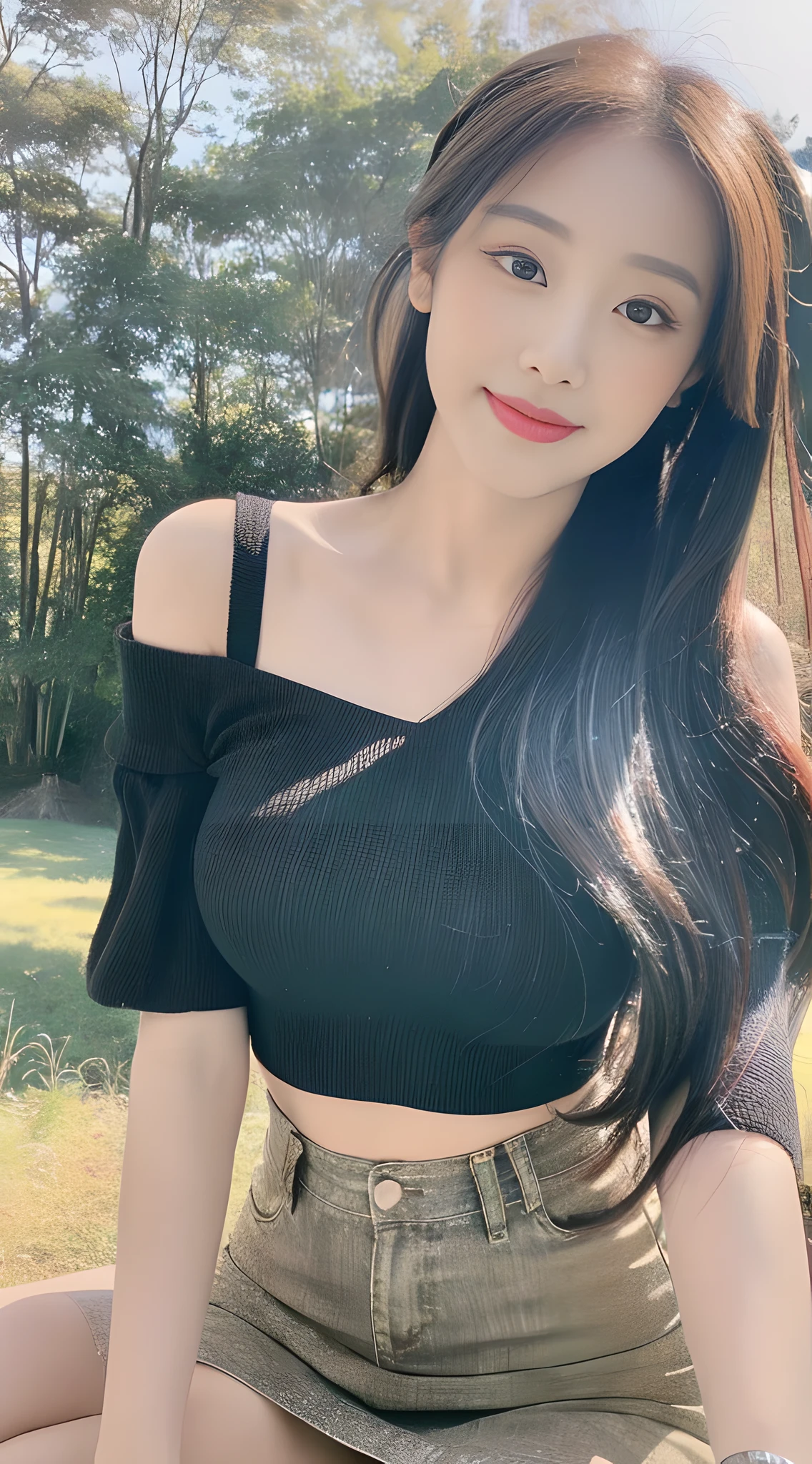 ((Best Quality, 8K, Masterpiece:1.3)), a beautiful girl, off-the-shoulder short sleeves, slit crop top skirt, high ponytail, black fluffy long straight hair, round black big eyes, clear big eyes, moist lips, sweet smile, sitting, pastoral background,