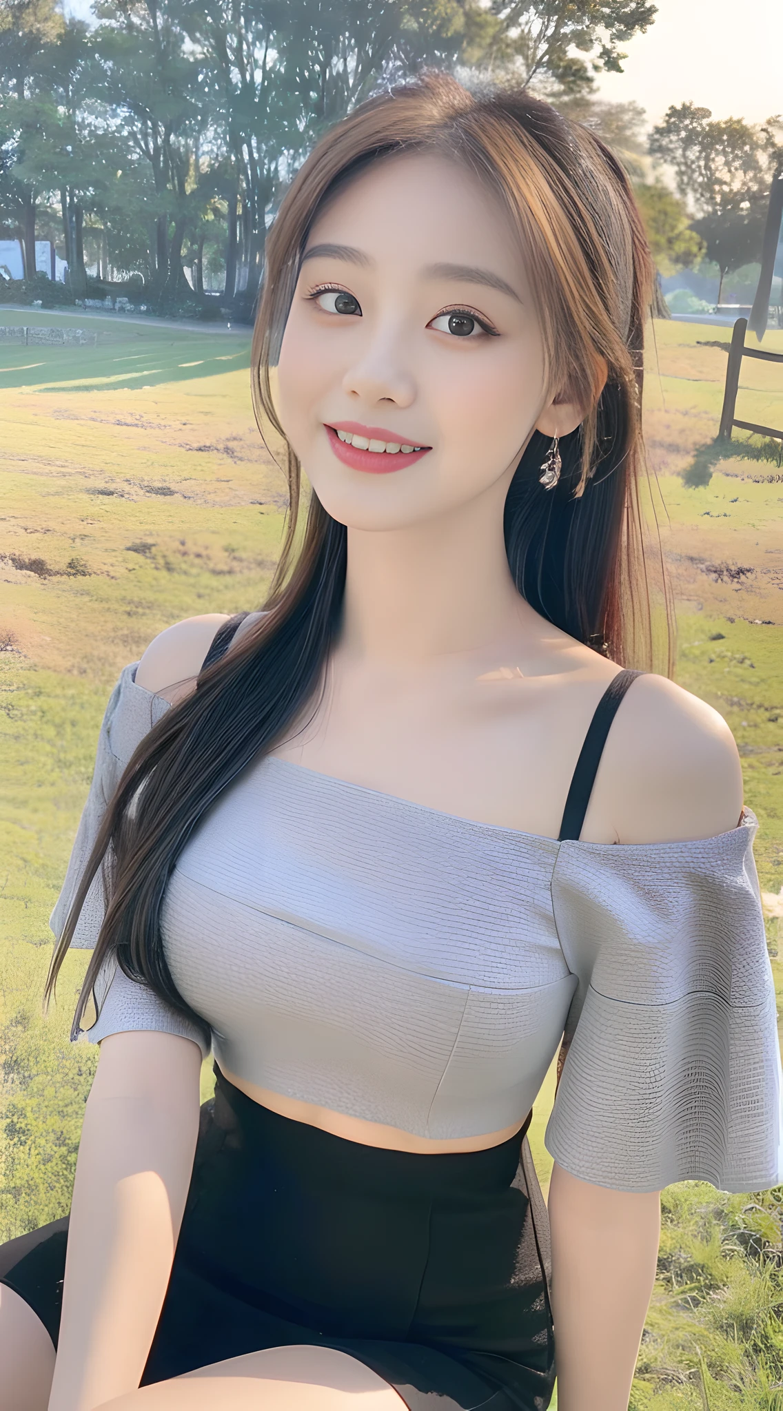 ((Best Quality, 8K, Masterpiece:1.3)), a beautiful girl, off-the-shoulder short sleeves, slit crop top skirt, high ponytail, black fluffy long straight hair, round black big eyes, clear big eyes, moist lips, sweet smile, sitting, pastoral background,