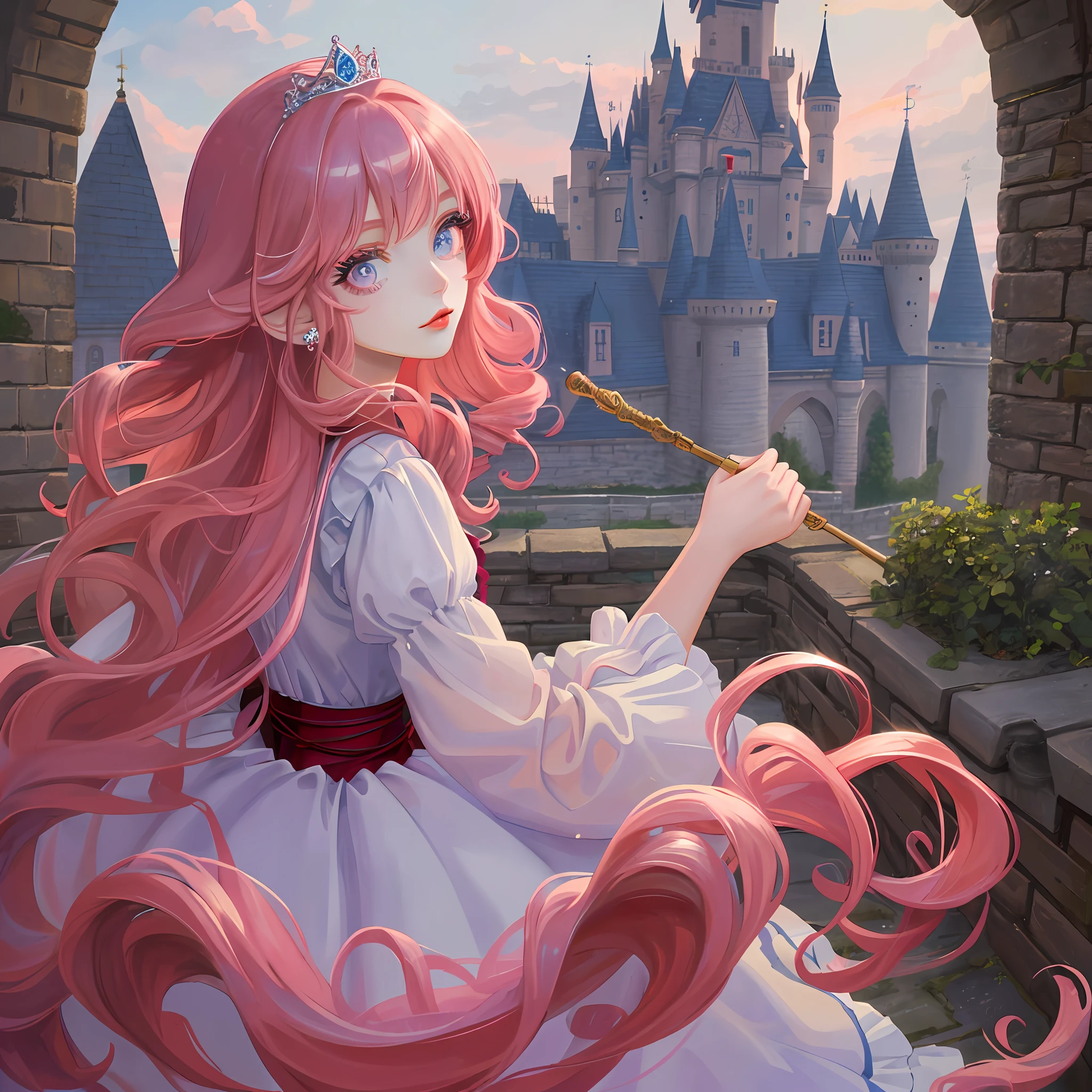 (Masterpiece, best quality), pink hair, blue eyes, long eyelashes, big red lips, girly, long curly hair, castle, princess