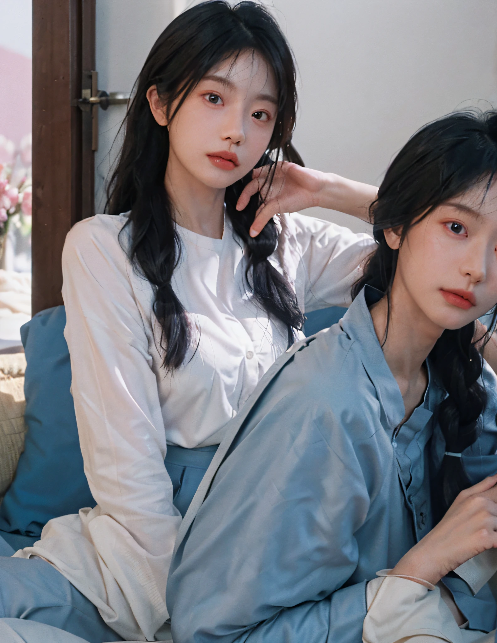8k, RAW photo, best quality, masterpiece, high detail RAW color photo, professional photo, (realistic, photorealistic photorealism: 1.37), (high detail skin: 1.2), high resolution, beautiful detailed eyes, (hard focus: 1.4), (clear focus: 1.4), realistic, (8K UHD: 1.2), realistic high quality shadows, split lips, slender face, (wavy hair), half top knot, gray-blue braid, pink eye color, suggestive appearance, (extreme face close-up) , pov, ((((depth of field))), pale and shiny skin, cropped unbuttoned shirt, 30 years old, buruma, blue sky and white clouds, bokeh, lens flare, (vignetting: 0.8), dramatic lighting, cinematic lighting, backlighting, professional lighting, physically based rendering, ulzzang-6500-v1.1, pureerosface_v1.