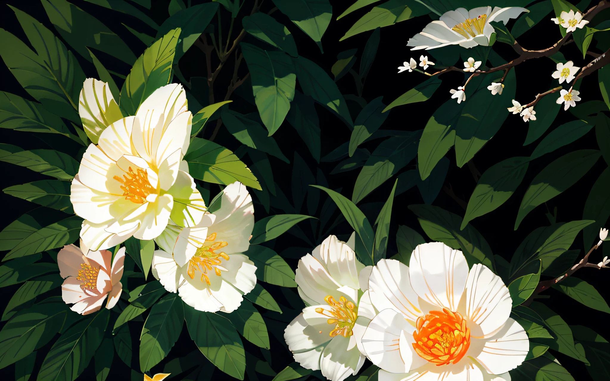 There are many white flowers on the branches, green leaves, fragrant plants, blooming flowers, flowers and leaves, grapefruit flowers, blossoming buds, flowers, white flowers, flowers grow from its head, in a piece of Chinese wind and landscape, amazingly beautiful, flowers grow from the body,