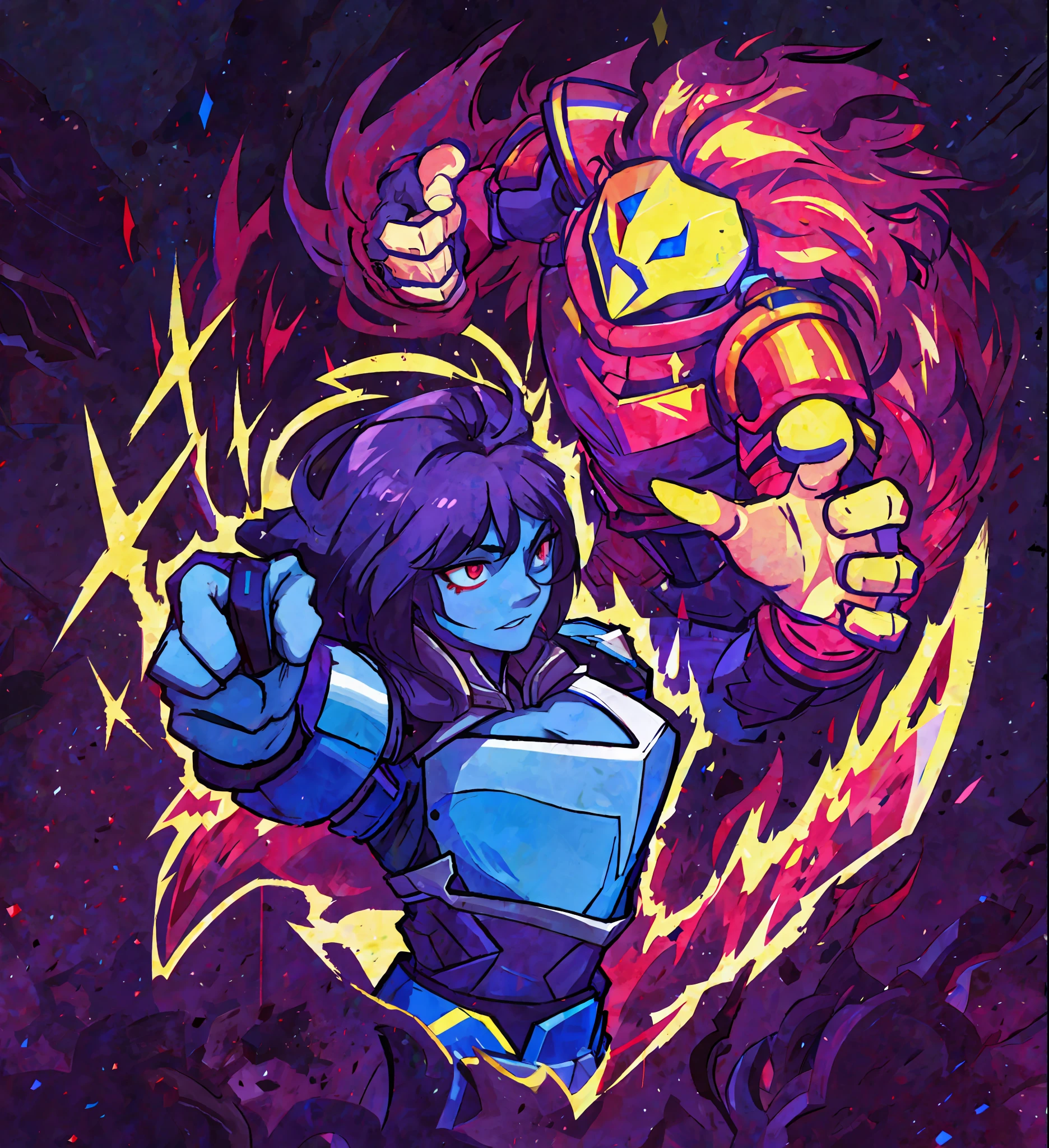 blue skin, dark hair, chest armor, armor, glowing red eye, 2 people, ghost, fist, aura, hd, highres