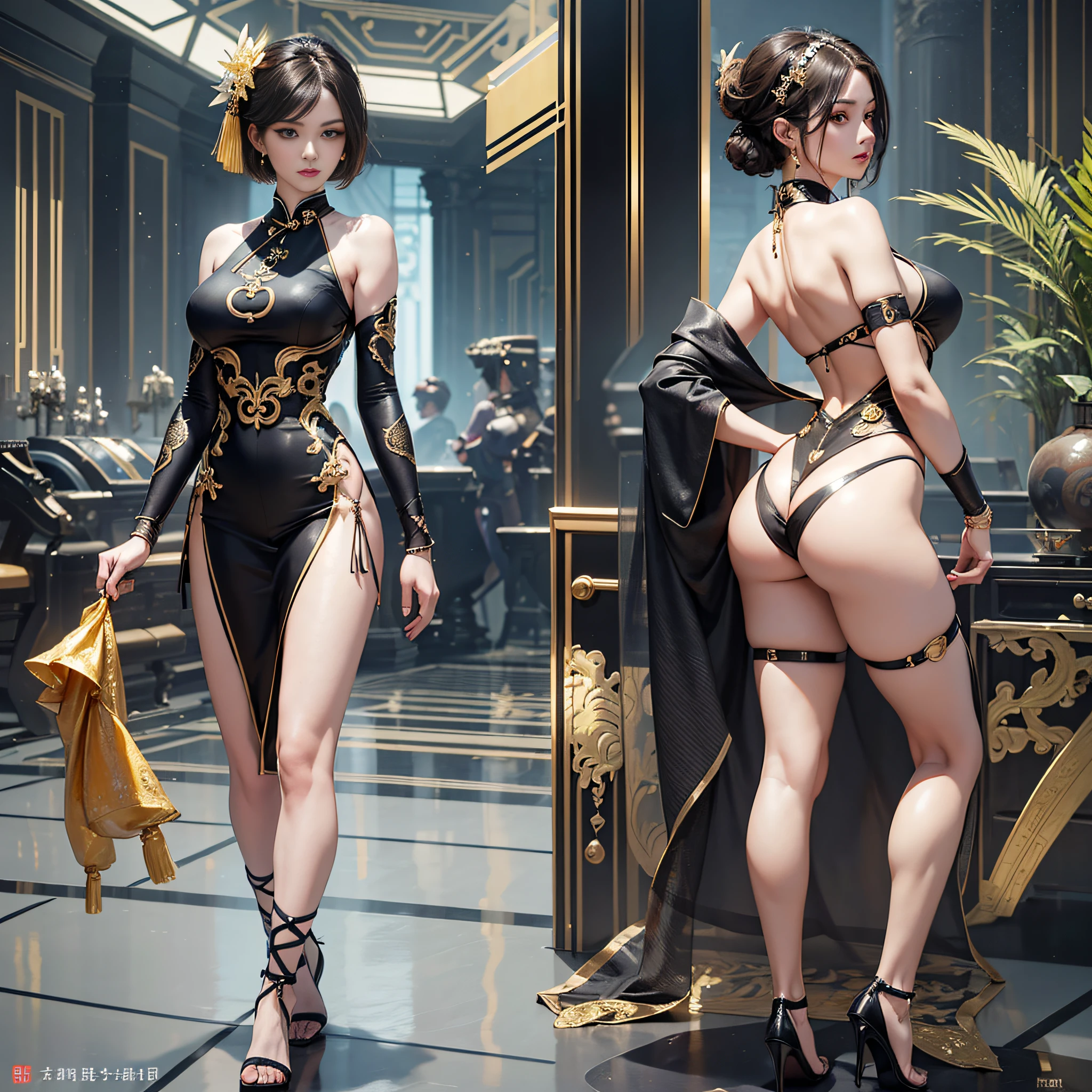 Best quality, masterpiece, 1 girl, cheongsam, battle, necklace, carbon fiber, mechanical palm, real, body proportions, golden ratio, full body, looking at the audience, delicate facial features, beautiful big eyes, front and back, sexy, cold look, hair real ,short hair, 8K, pyga --auto --s2