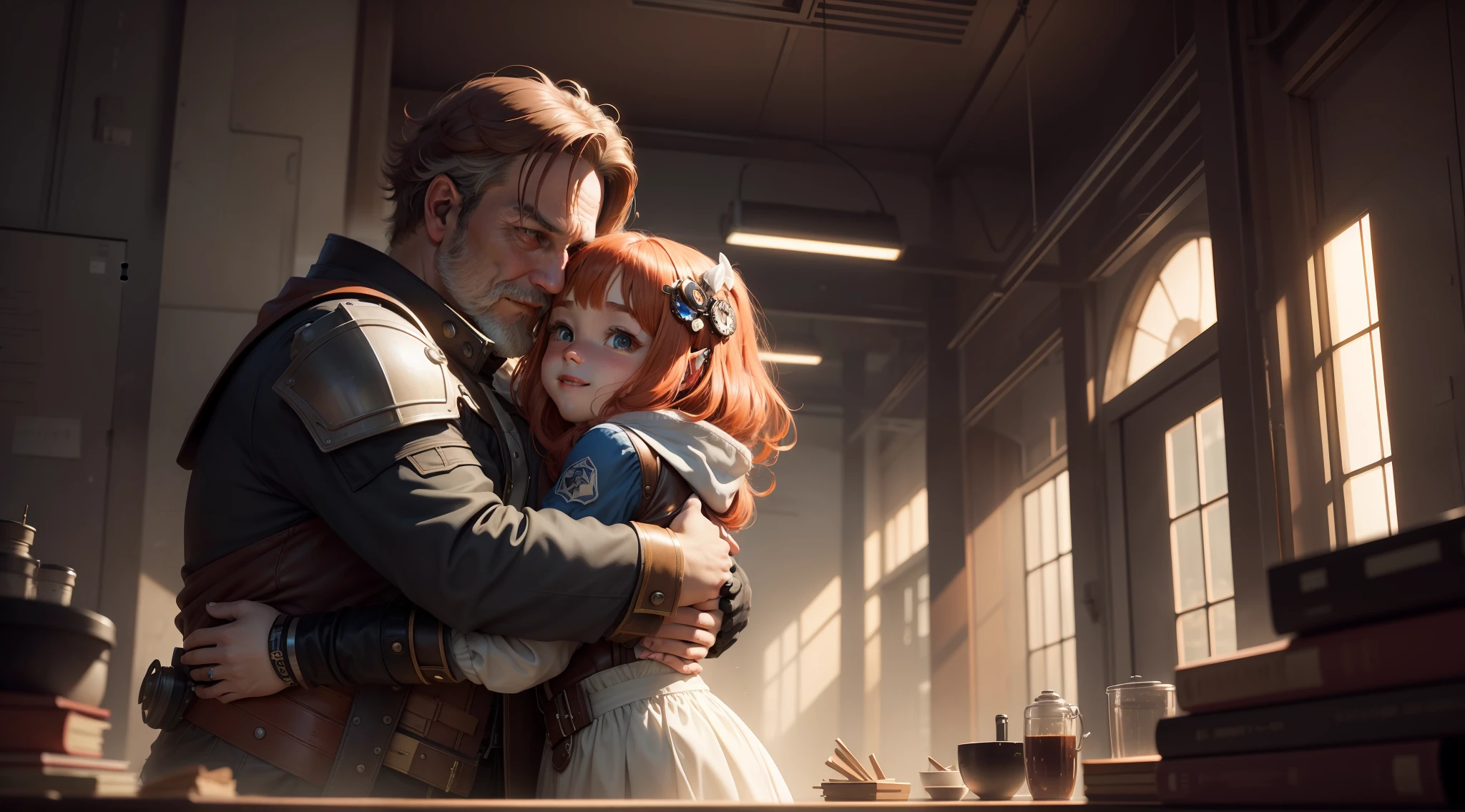 /Imagination Tips: Illustration Lab, a beautiful  with long pig ears hugs a middle-aged man, hug, daughter red hair:::10, middle-aged man::15, happy smile::16, rule of thirds composition:::8, ultra-wide lens::16, Unreal Engine::13, beautiful lights::10, dramatic light::10, movie::8, dramatic::9, super mass::8, futuristic lab::12, steampunk::15 --seed 525 --s 400 -- Q 2 --C 10, panoramic whole body